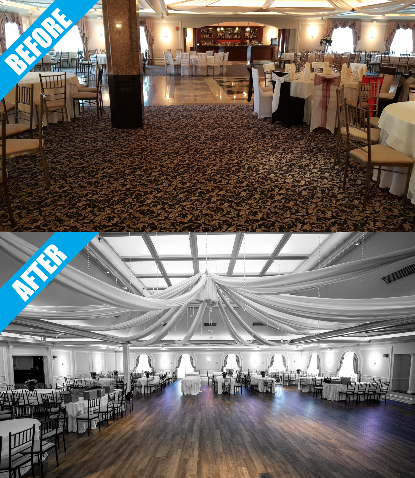 Banquet hall renovation in Syosset, NY: patterned carpet replaced by a wood-look floor, with fabric ceiling draping