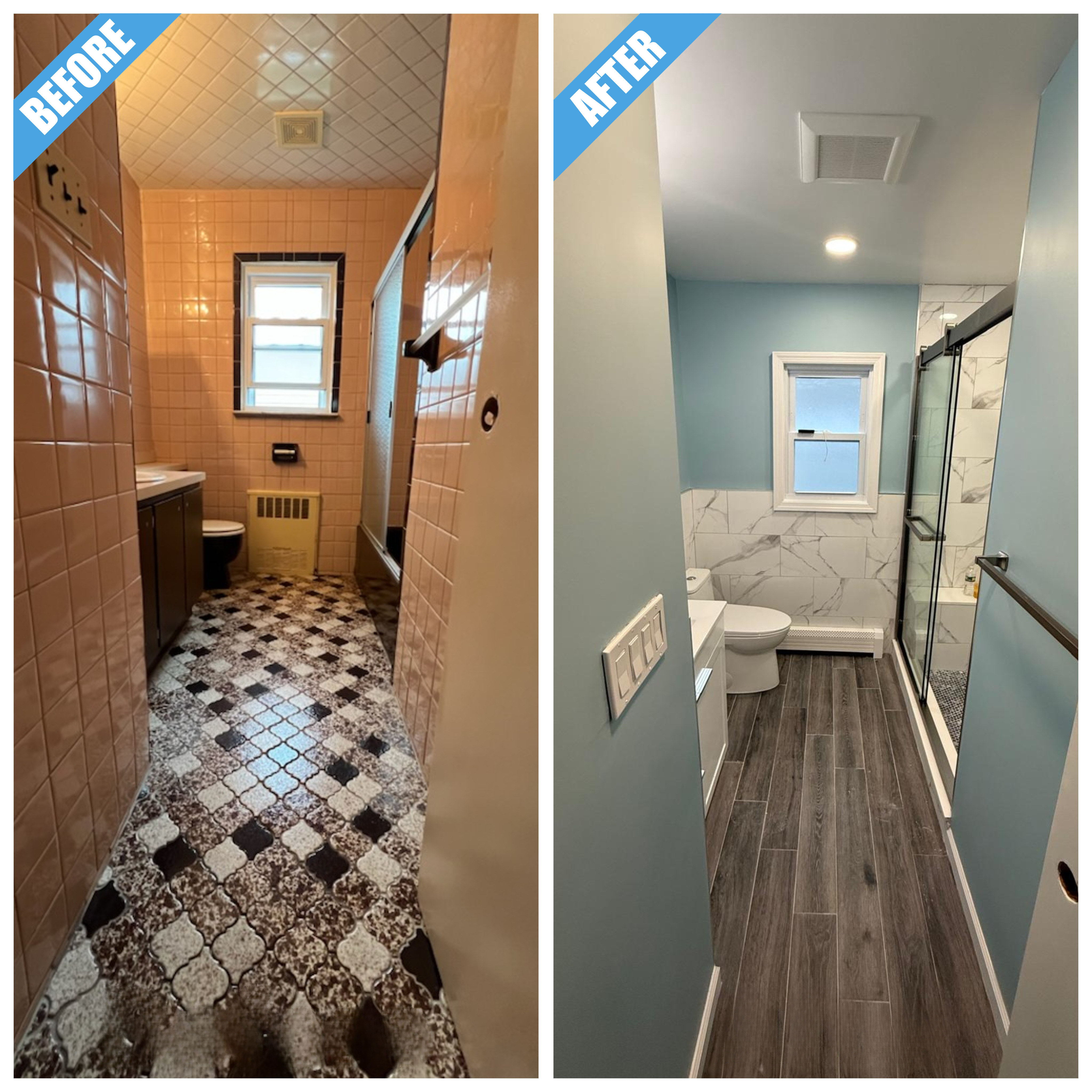 Before and after of a bathroom remodel in Wantagh, NY: pink tile replaced by blue walls, a glass shower door and dark plank-look floor