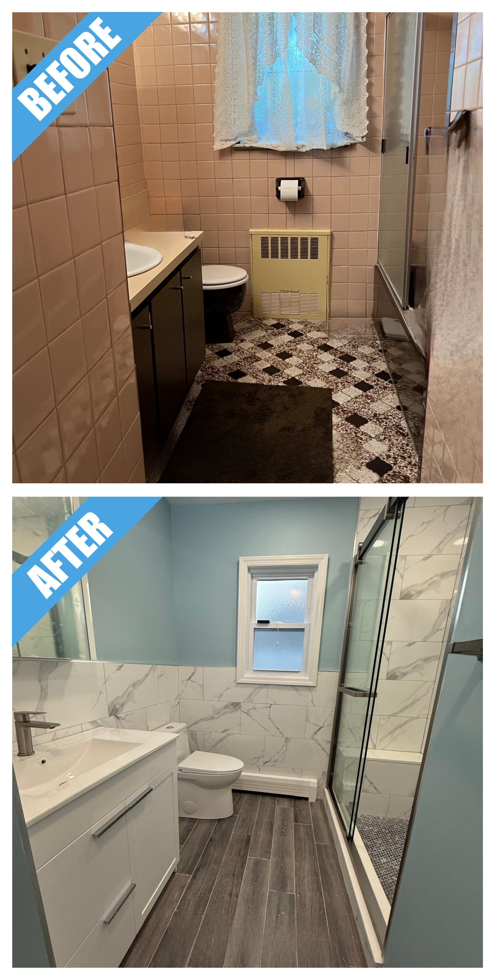 Before and after of a bathroom remodel in Wantagh, NY: pink tile replaced by marble-look tile, blue walls, a white vanity and wood-look floor