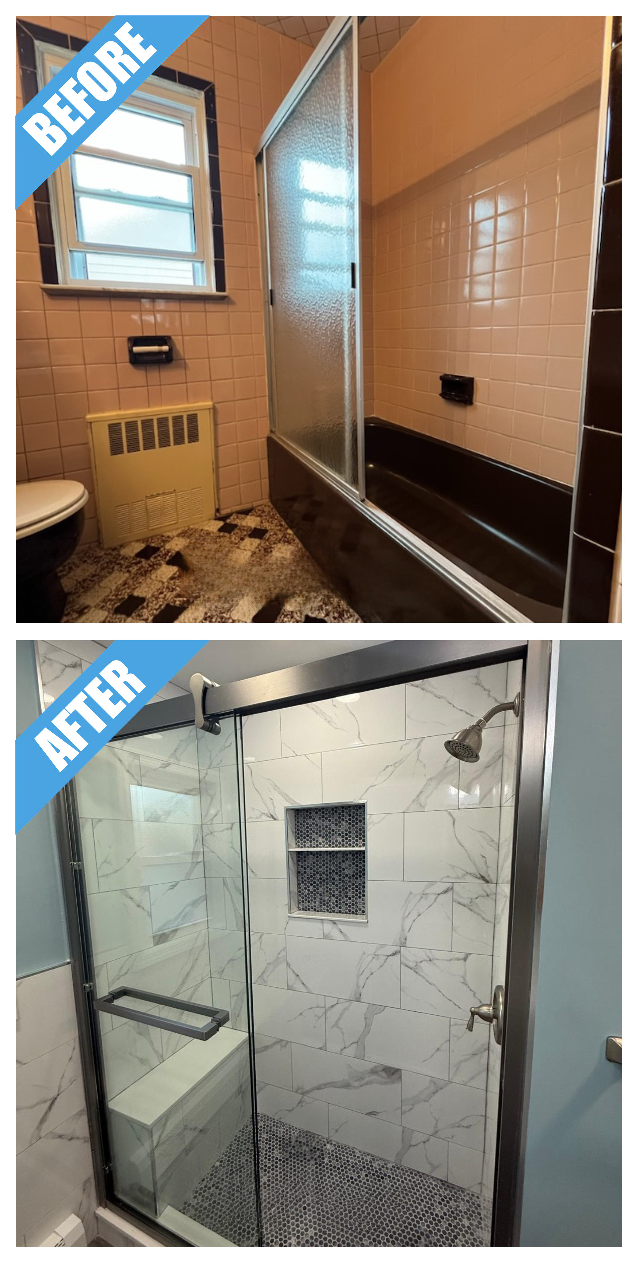 Before and after of a bathroom remodel in Wantagh, NY: pink wall tile and black tub replaced by a glass shower with marble-look tile, niche and bench