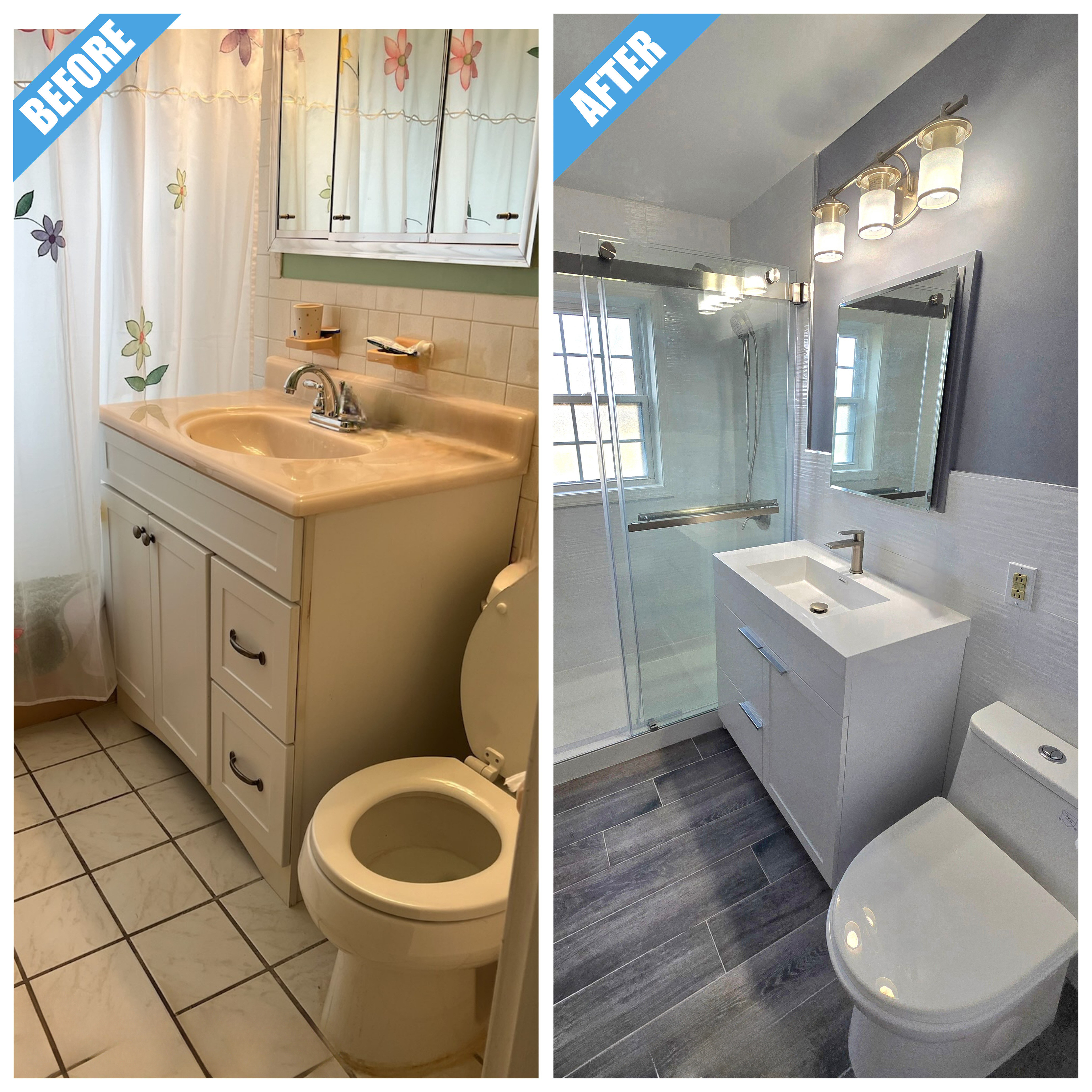 Before and after of a bathroom remodel in Hicksville, NY: white vanity, sliding glass shower door and gray plank-look floor