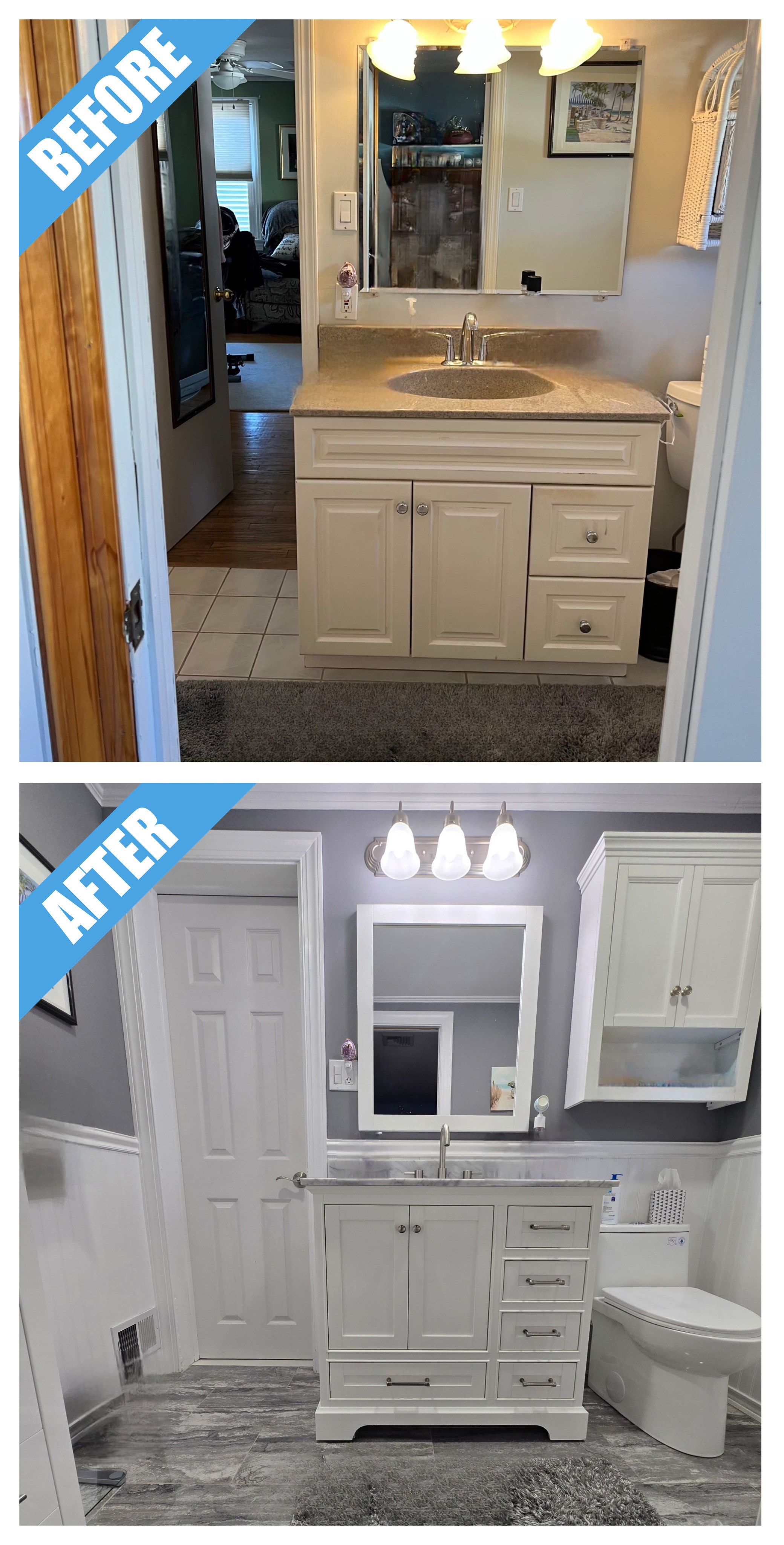 Before and after of a bathroom remodel in Seaford, NY: white vanity cabinet, white wainscoting, gray walls and gray plank-look floor