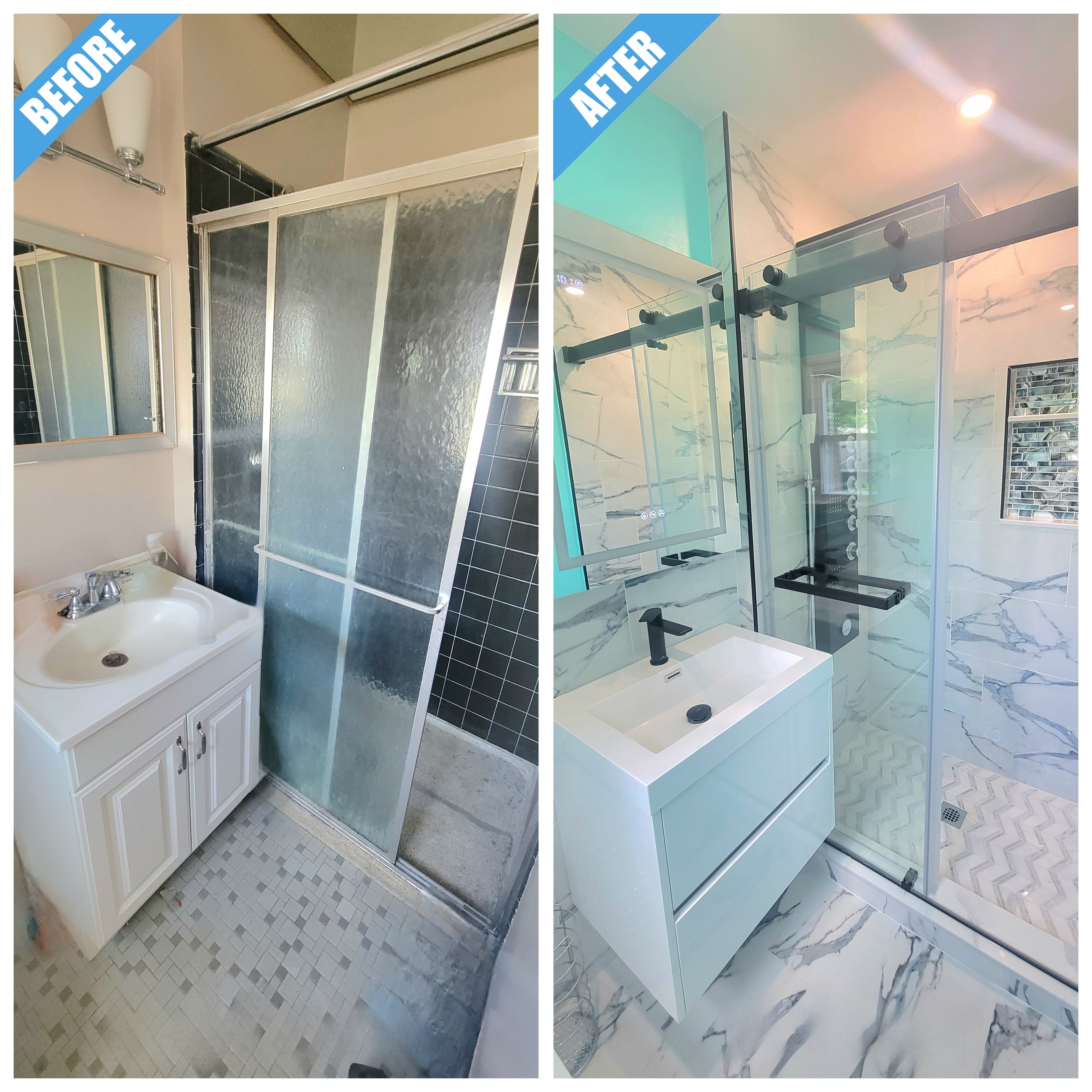 Before and after of a bathroom remodel in Port Washington, NY: frosted shower doors replaced by a frameless glass shower and marble-look tile