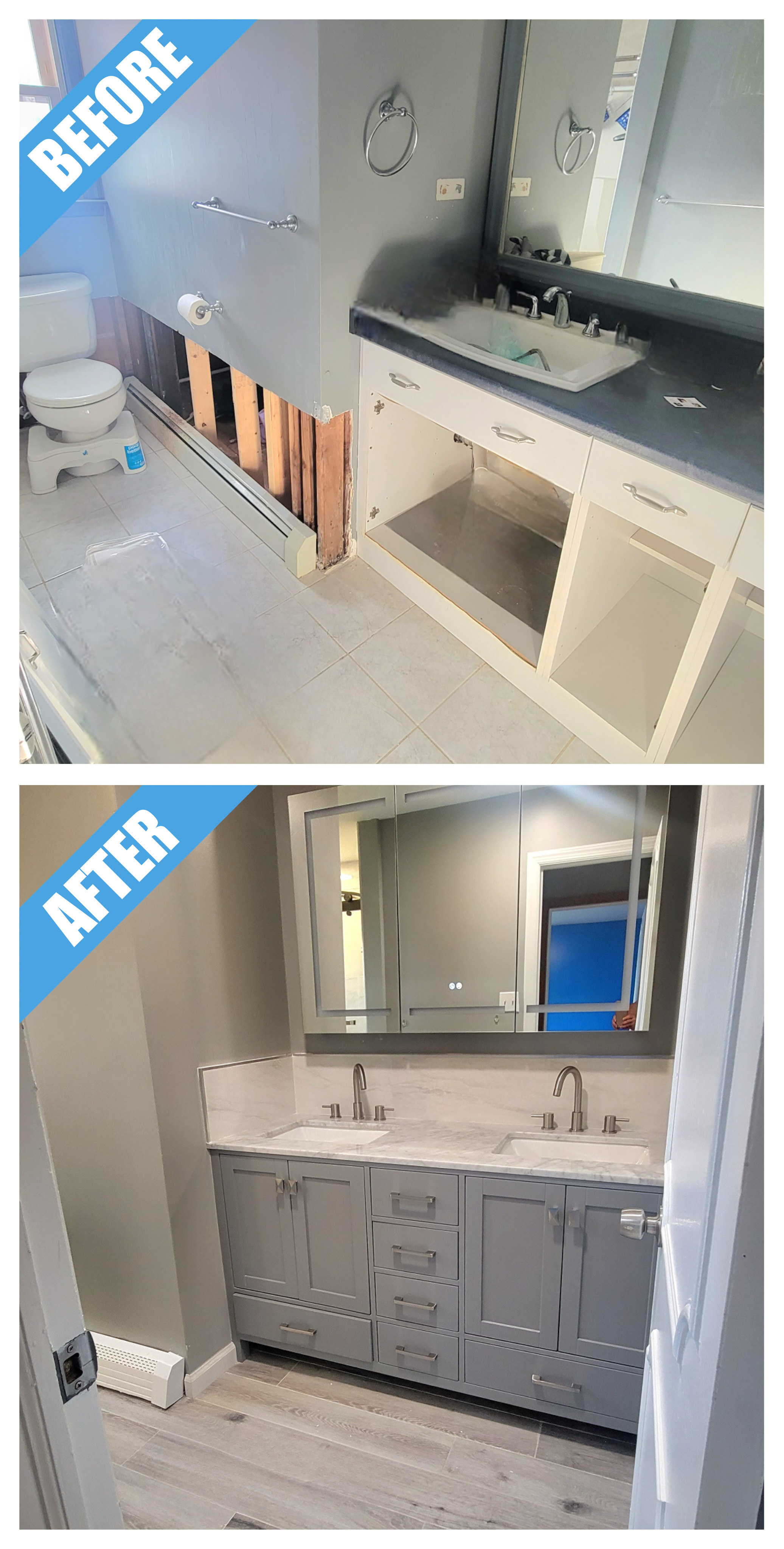 Before and after of a bathroom remodel in Port Washington, NY: gray double vanity with a marble-look top, lit mirror and wood-look floor