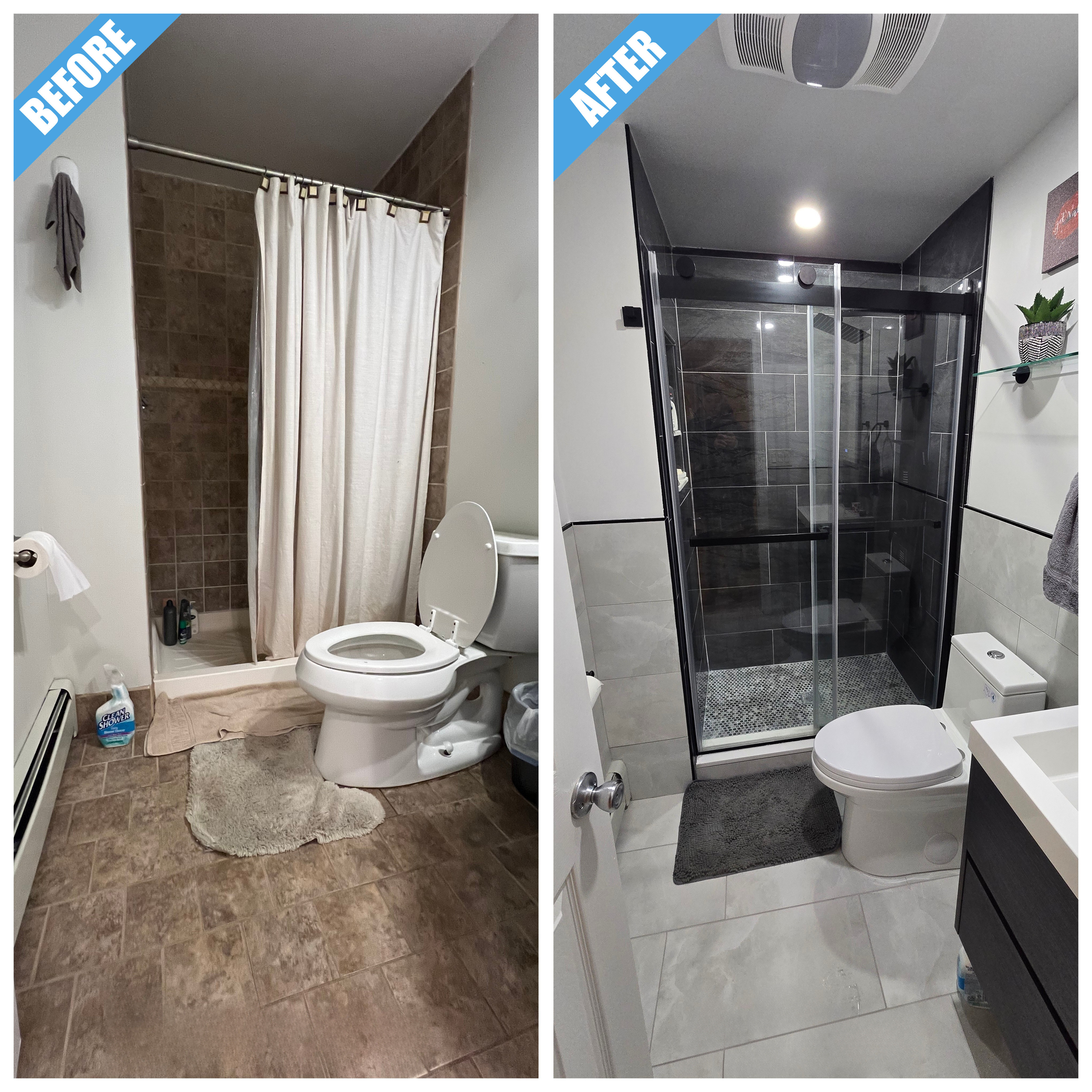 Before and after of a bathroom remodel in East Meadow, NY: shower curtain and brown tile replaced by a black-framed sliding glass shower