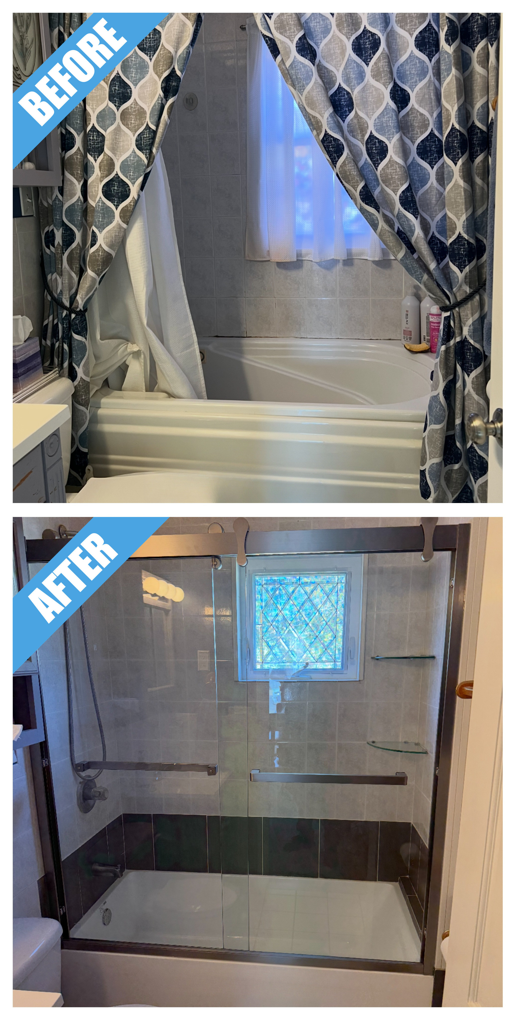 Before and after of a bathroom remodel in Dix Hills, NY: shower curtain over the tub replaced by a framed sliding glass door