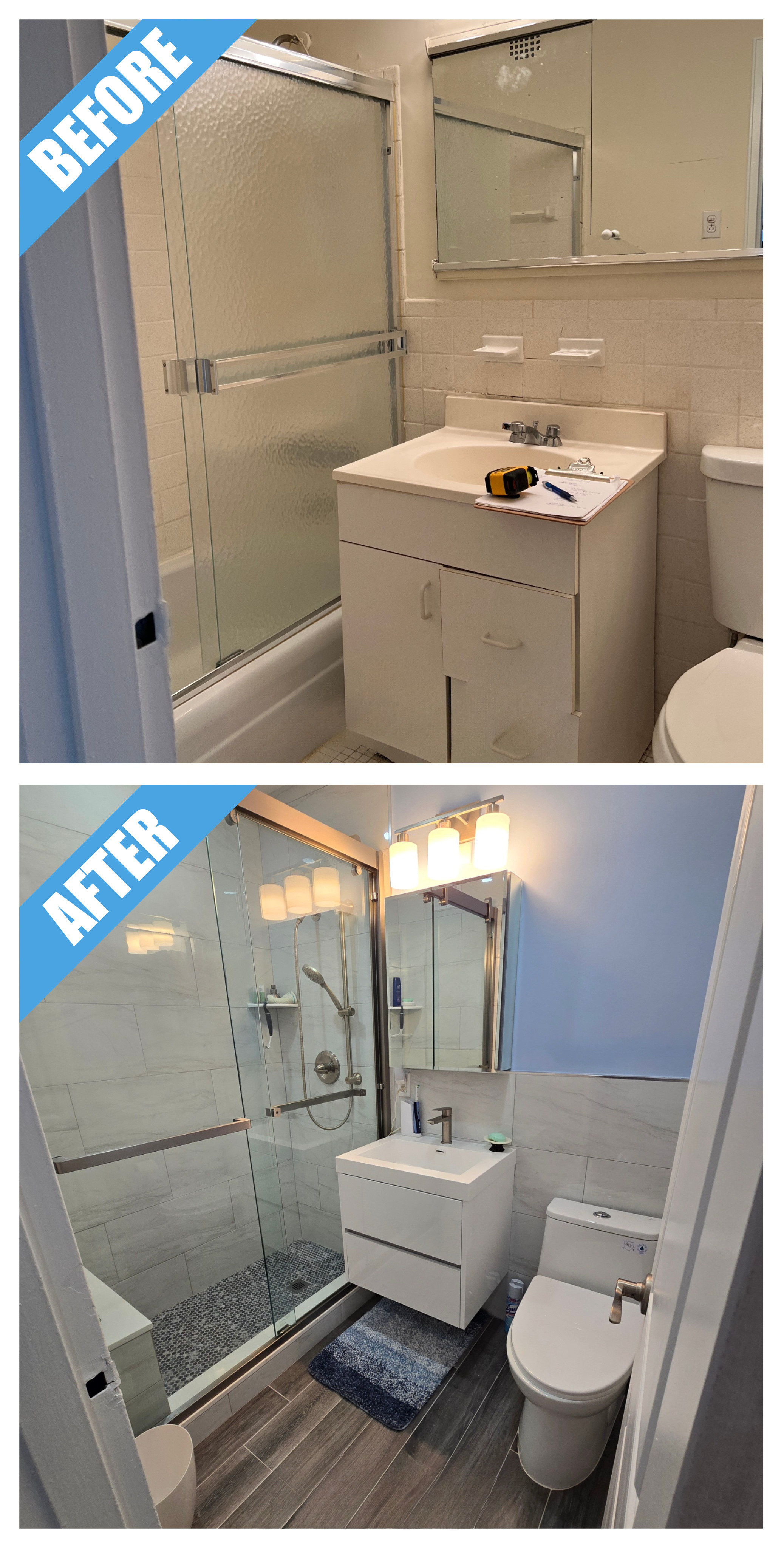 Before and after of a bathroom remodel in Long Beach, NY: tub with frosted doors replaced by a glass shower and a white floating vanity