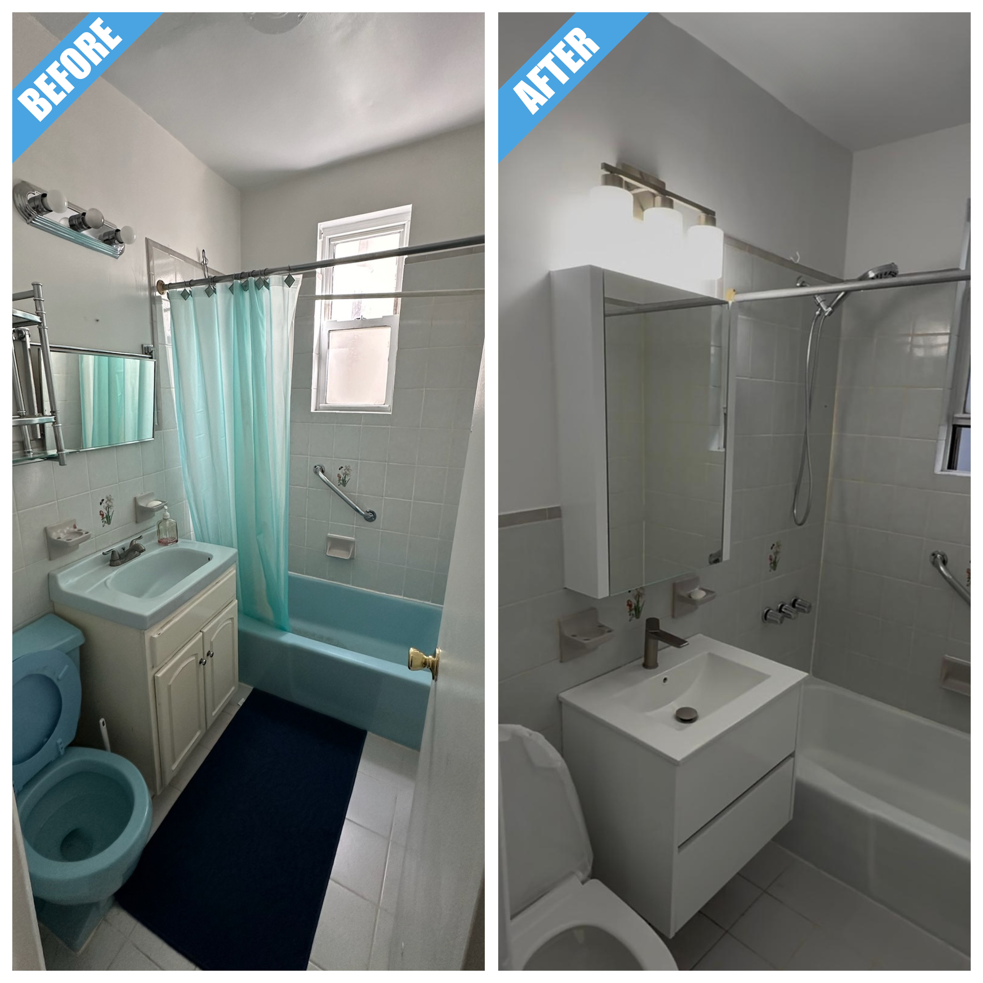 Before and after of a bathroom remodel in Astoria, Queens: blue fixtures replaced by a white floating vanity and mirror cabinet