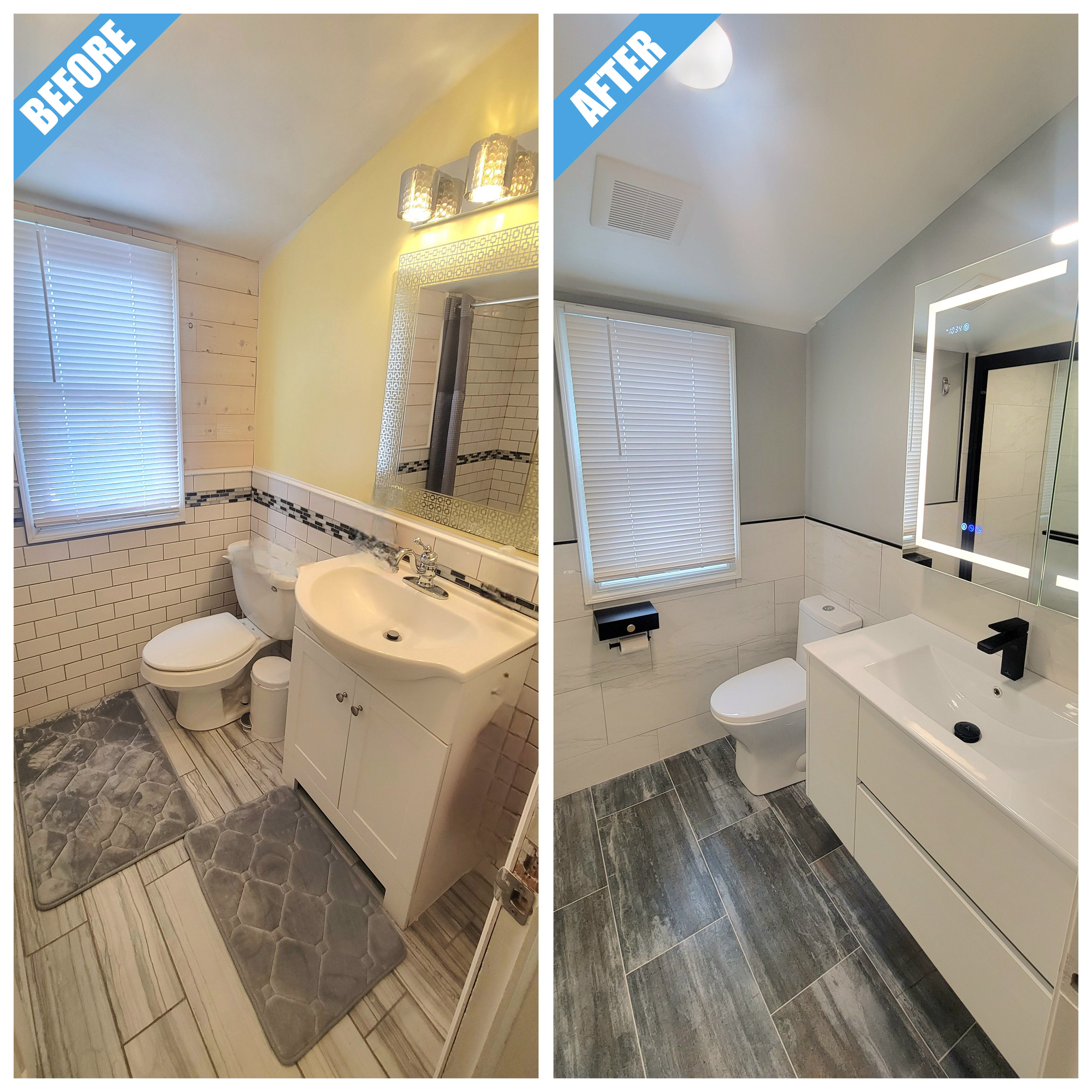Before and after of a bathroom remodel in East Meadow, NY: subway tile replaced by large white tile, a white floating vanity and a lit mirror