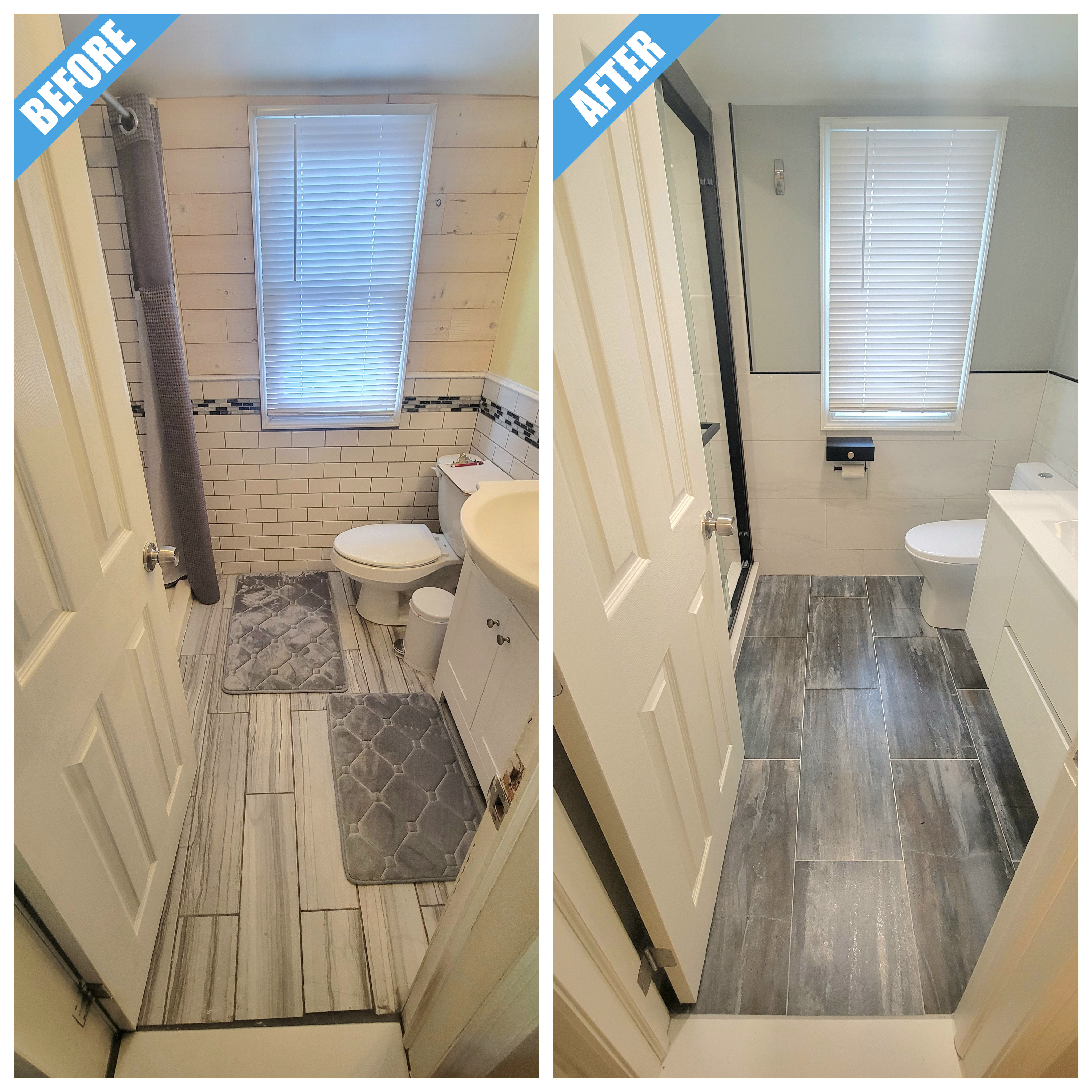Before and after of a bathroom remodel in East Meadow, NY: large white wall tile and gray plank-look floor, seen from the door