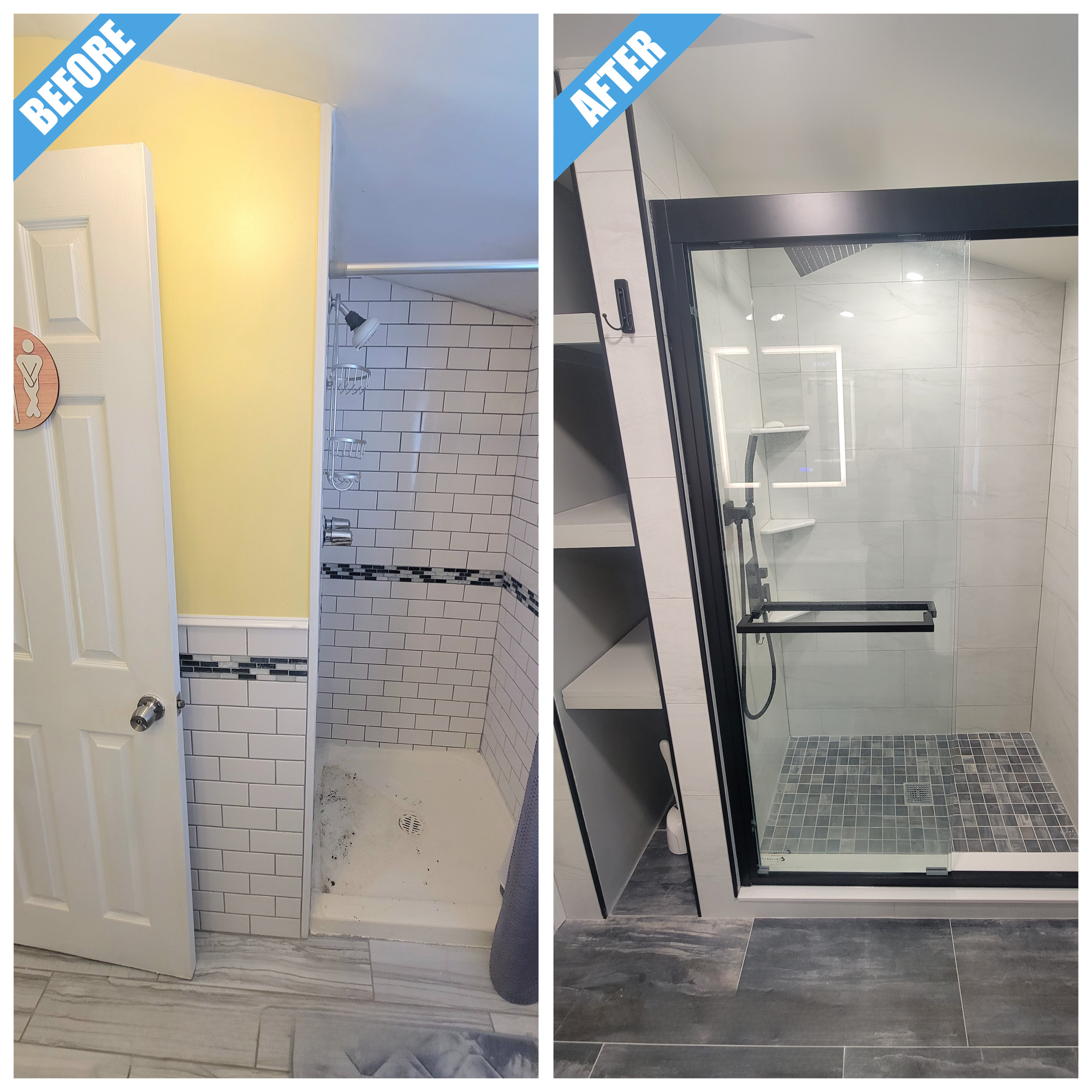 Before and after of a bathroom remodel in East Meadow, NY: subway-tile shower replaced by a black-framed glass shower with a mosaic floor