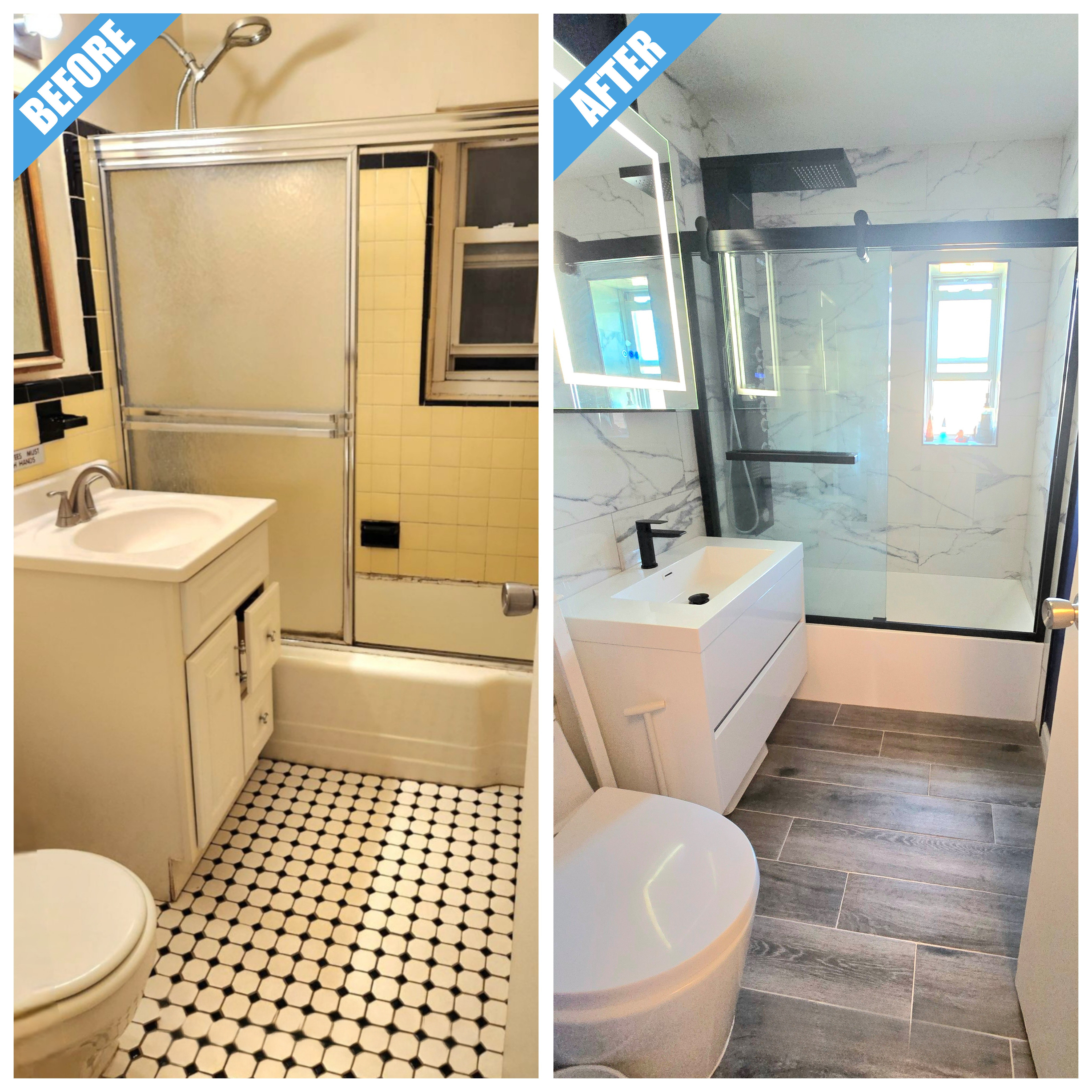Before and after of a bathroom remodel in Great Neck, NY: yellow tile replaced by marble-look tile, a black-framed glass door and white vanity