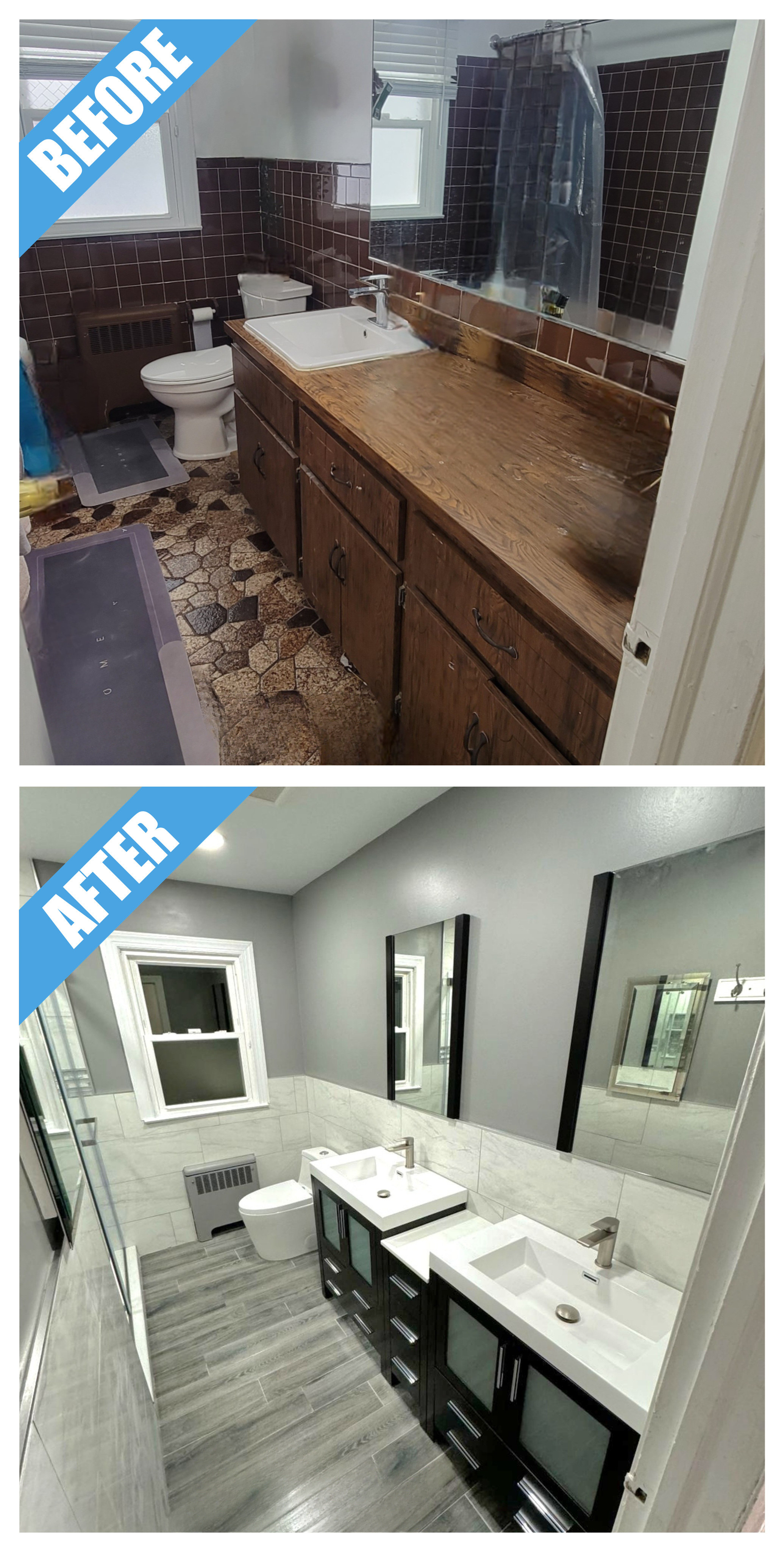 Before and after of a bathroom remodel in Hicksville, NY: dark double vanity with white tops, white wall tile and gray plank-look floor