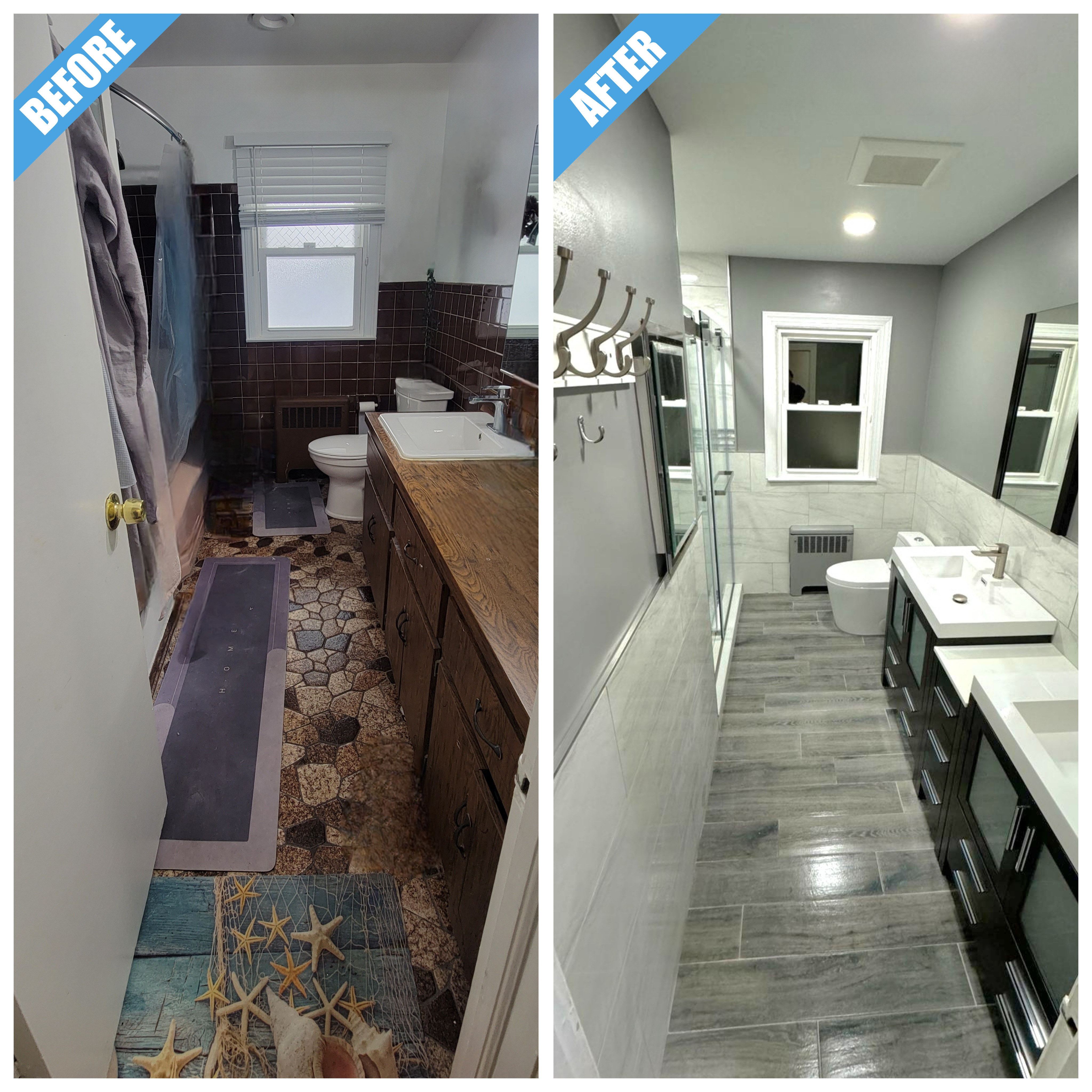 Before and after of a bathroom remodel in Hicksville, NY: brown tile and wood vanity replaced by white wall tile and a dark double vanity