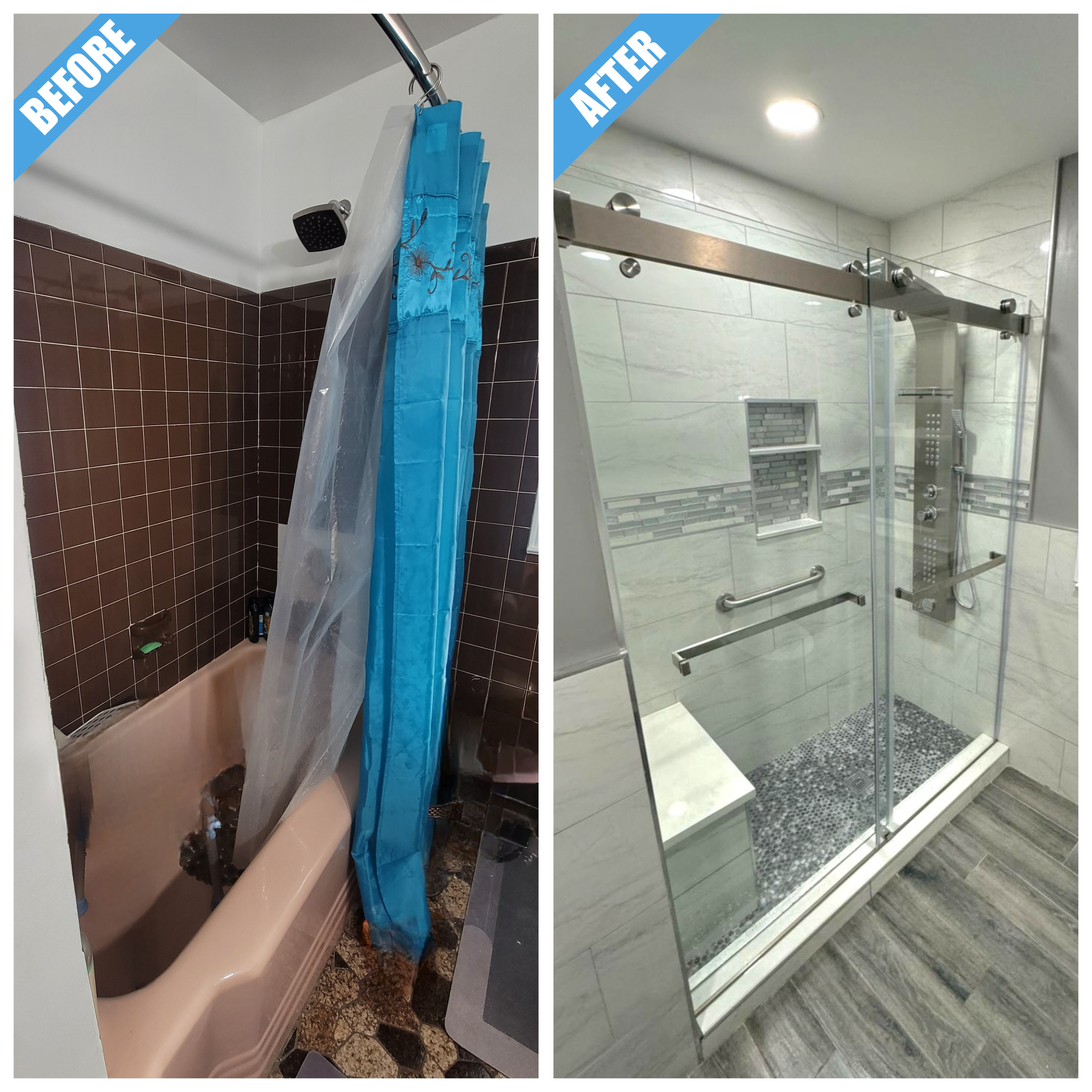 Before and after of a bathroom remodel in Hicksville, NY: pink tub replaced by a glass shower with a tiled niche, bench and pebble floor