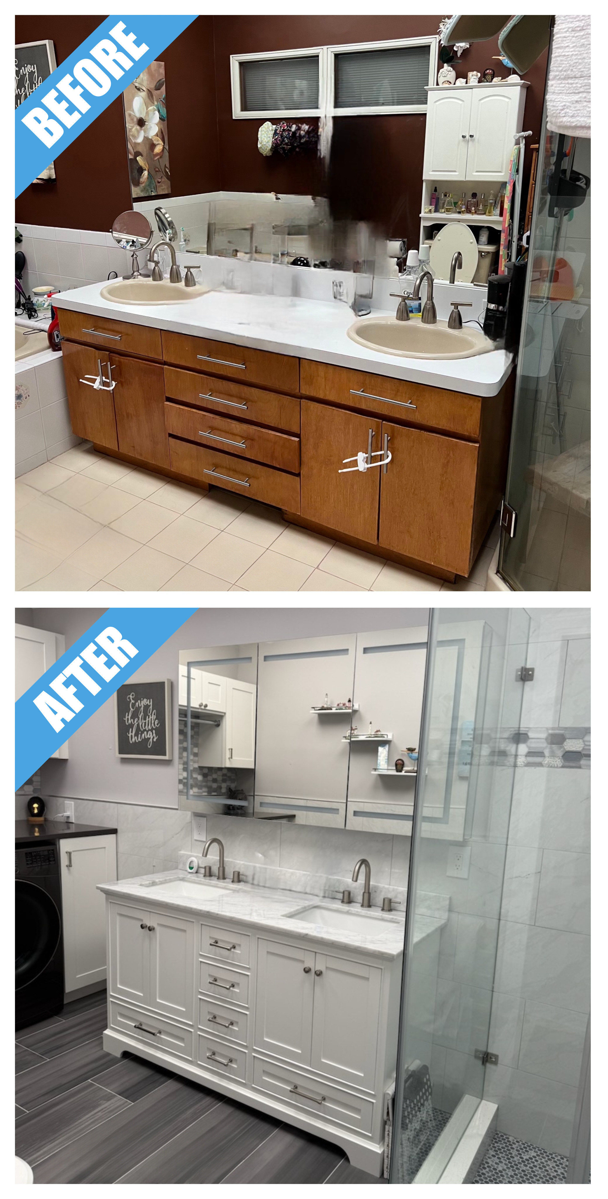 Before and after of a bathroom remodel in Hicksville, NY: wood double vanity replaced by a white double vanity and gray plank-look floor