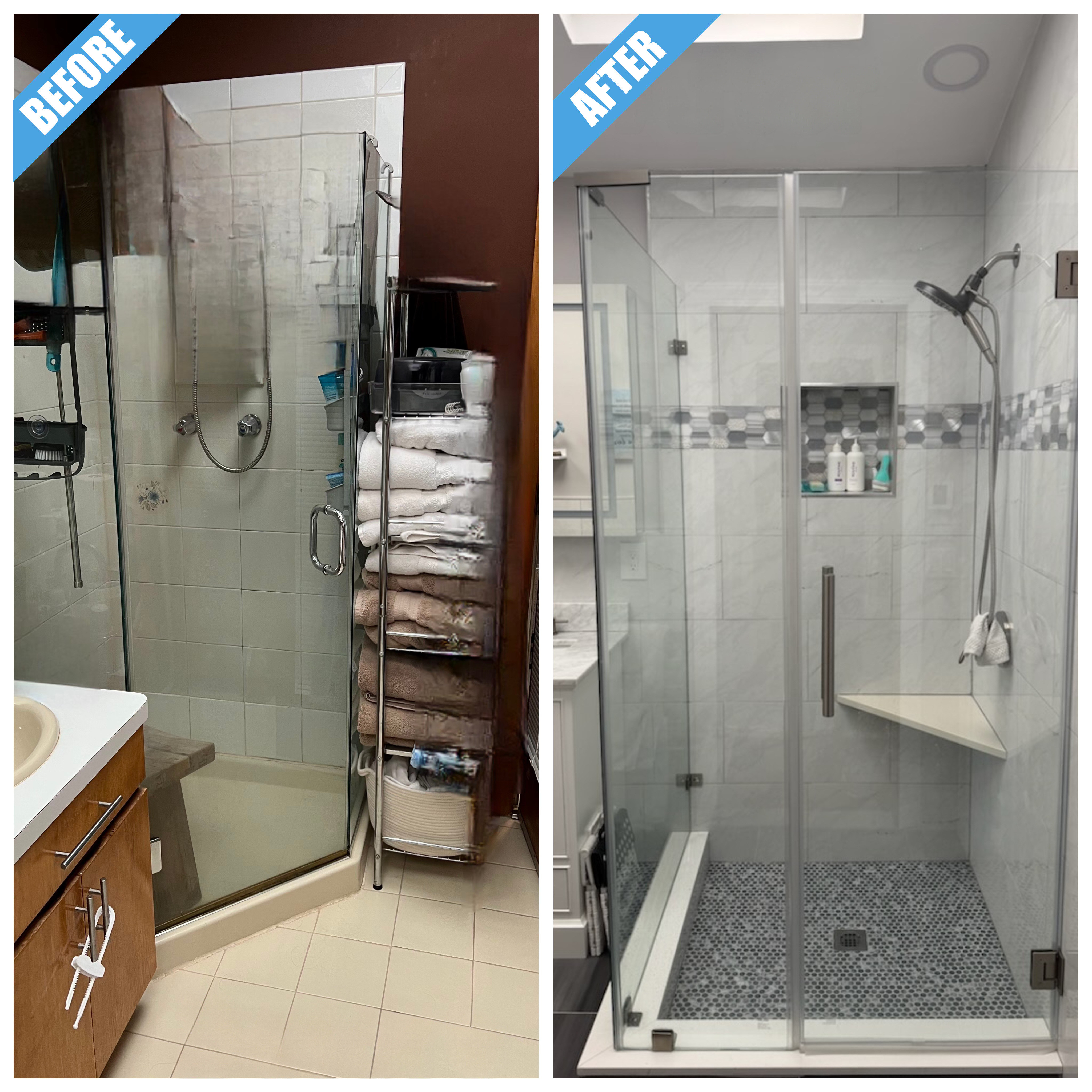Before and after of a bathroom remodel in Hicksville, NY: corner shower replaced by a frameless glass shower with a corner seat and mosaic floor