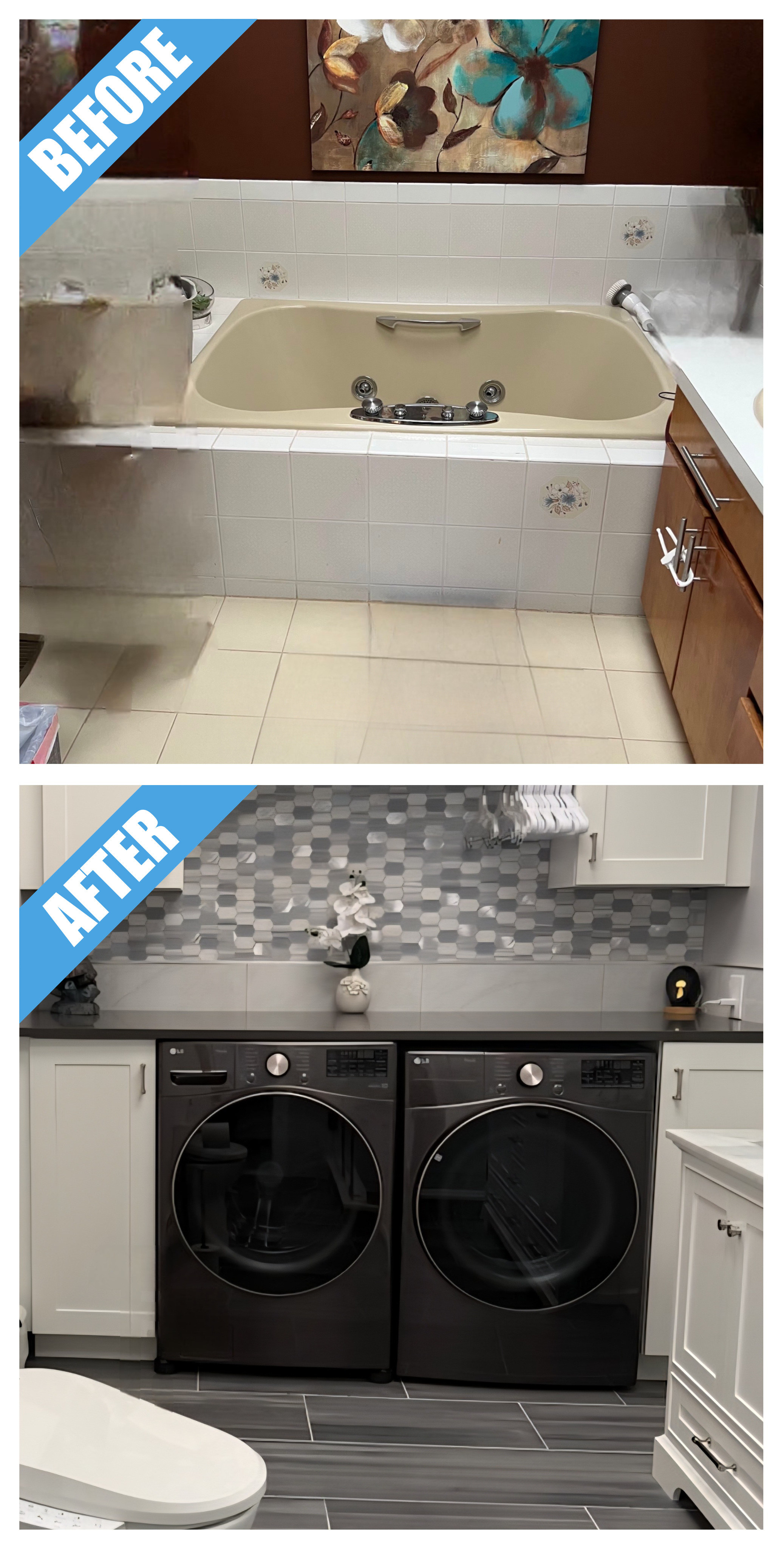 Before and after of a laundry room remodel in Hicksville, NY: washer and dryer under a black counter and gray mosaic backsplash, where a tub was