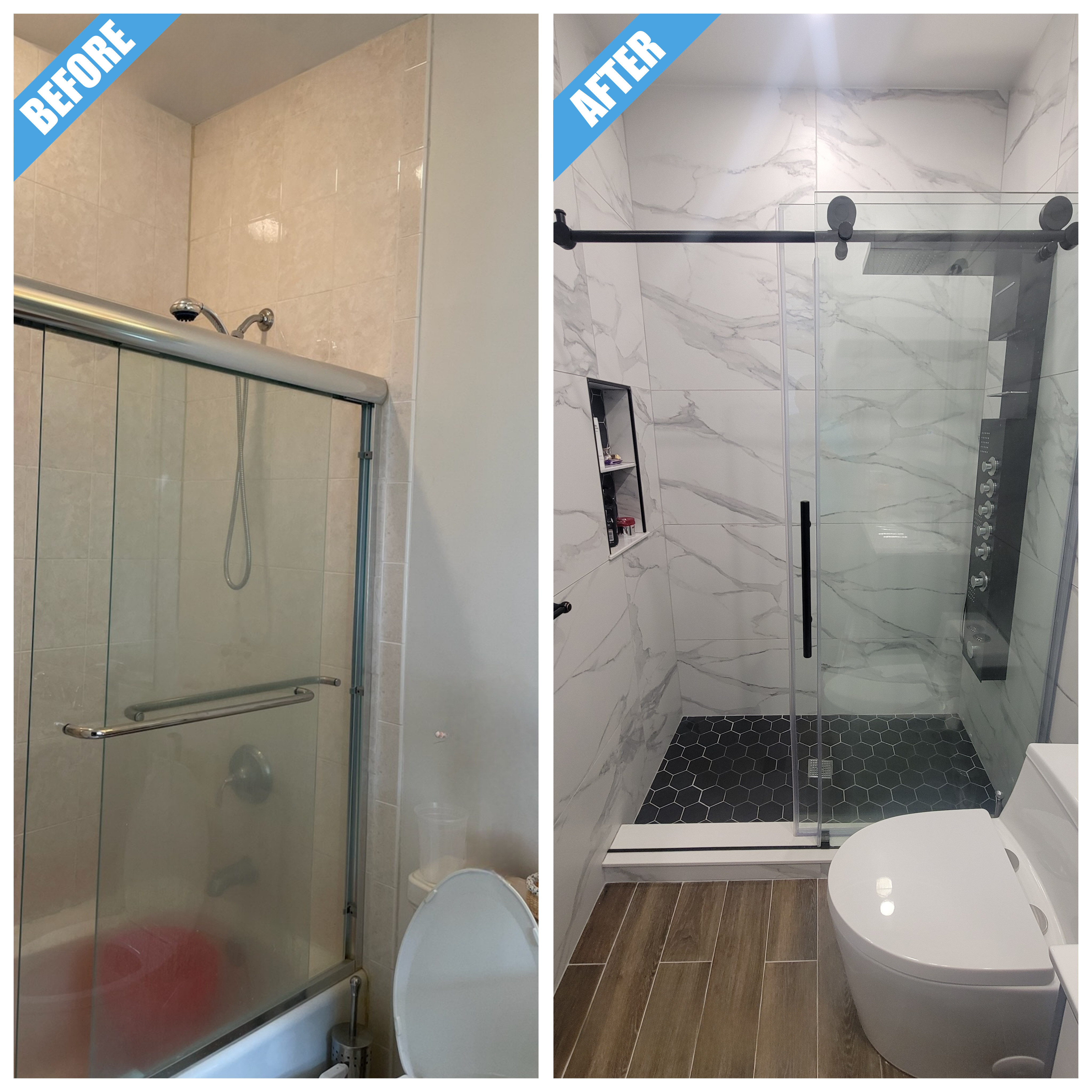 Before and after of a bathroom remodel in Jericho, NY: tub replaced by a glass shower with marble-look tile, black hex floor and niche