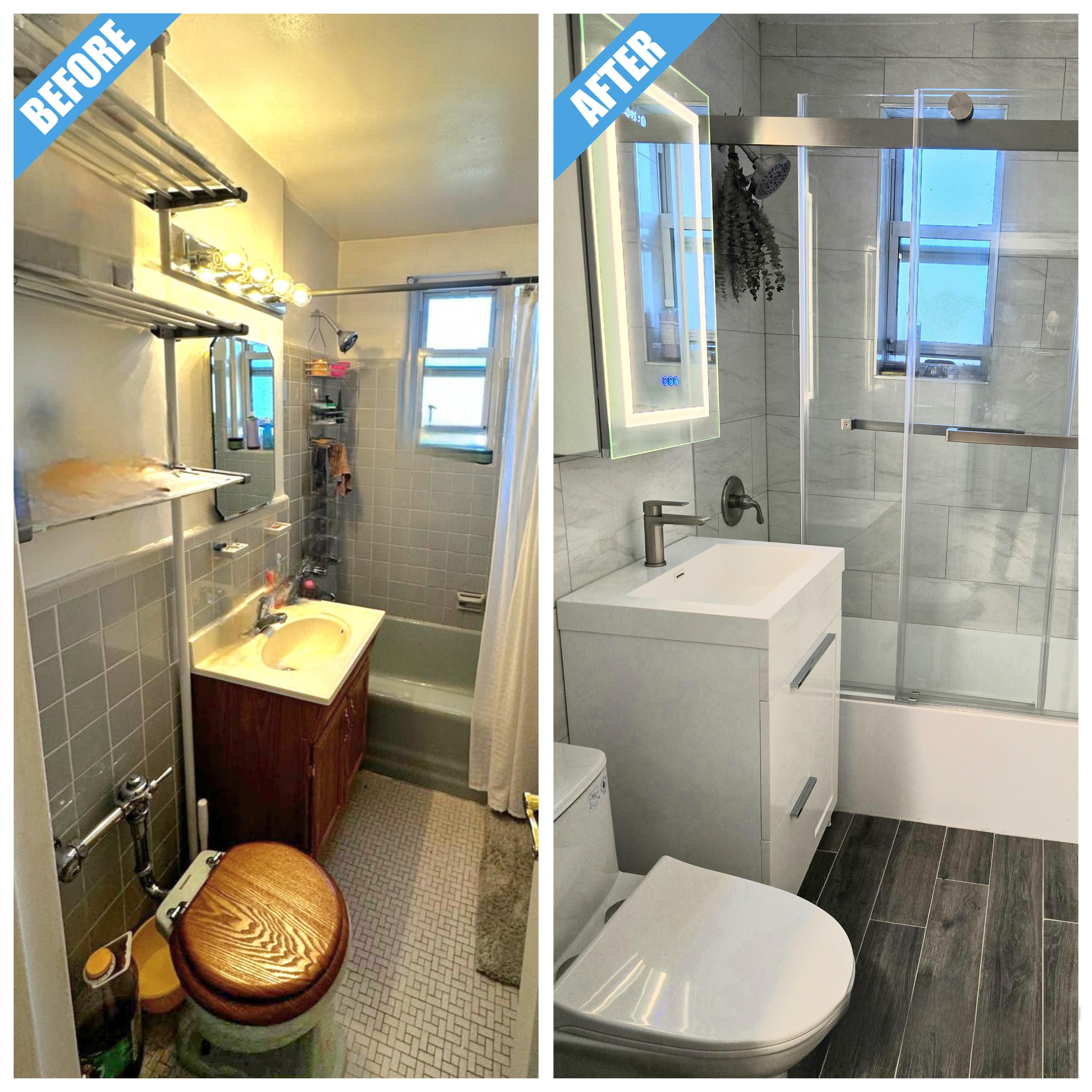 Before and after of a bathroom remodel in Freeport, NY: tub with sliding glass doors, gray wall tile, white vanity and dark plank-look floor
