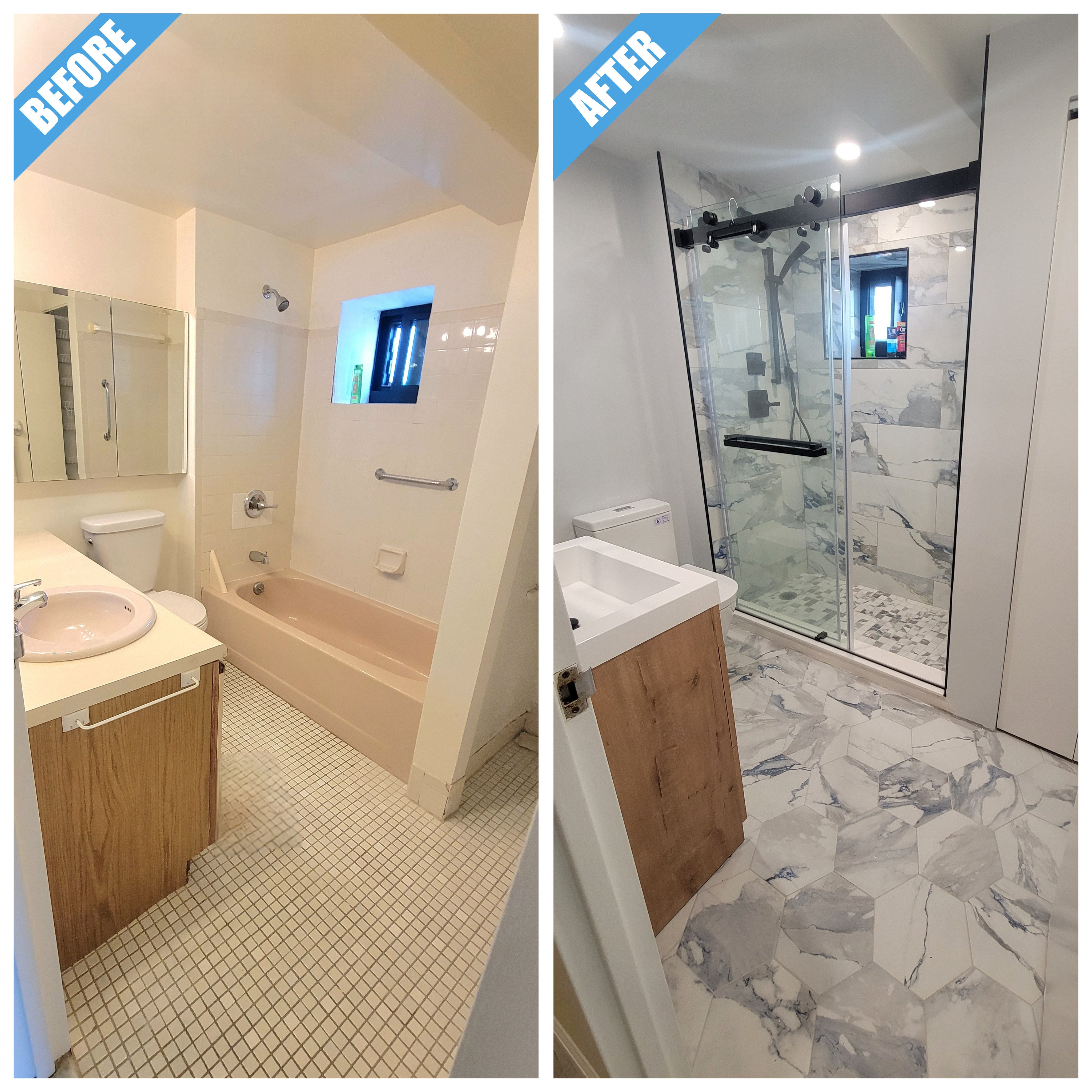 Before and after of a bathroom remodel in Long Beach, NY: pink tub replaced by a glass shower and marble-look hexagon floor tile