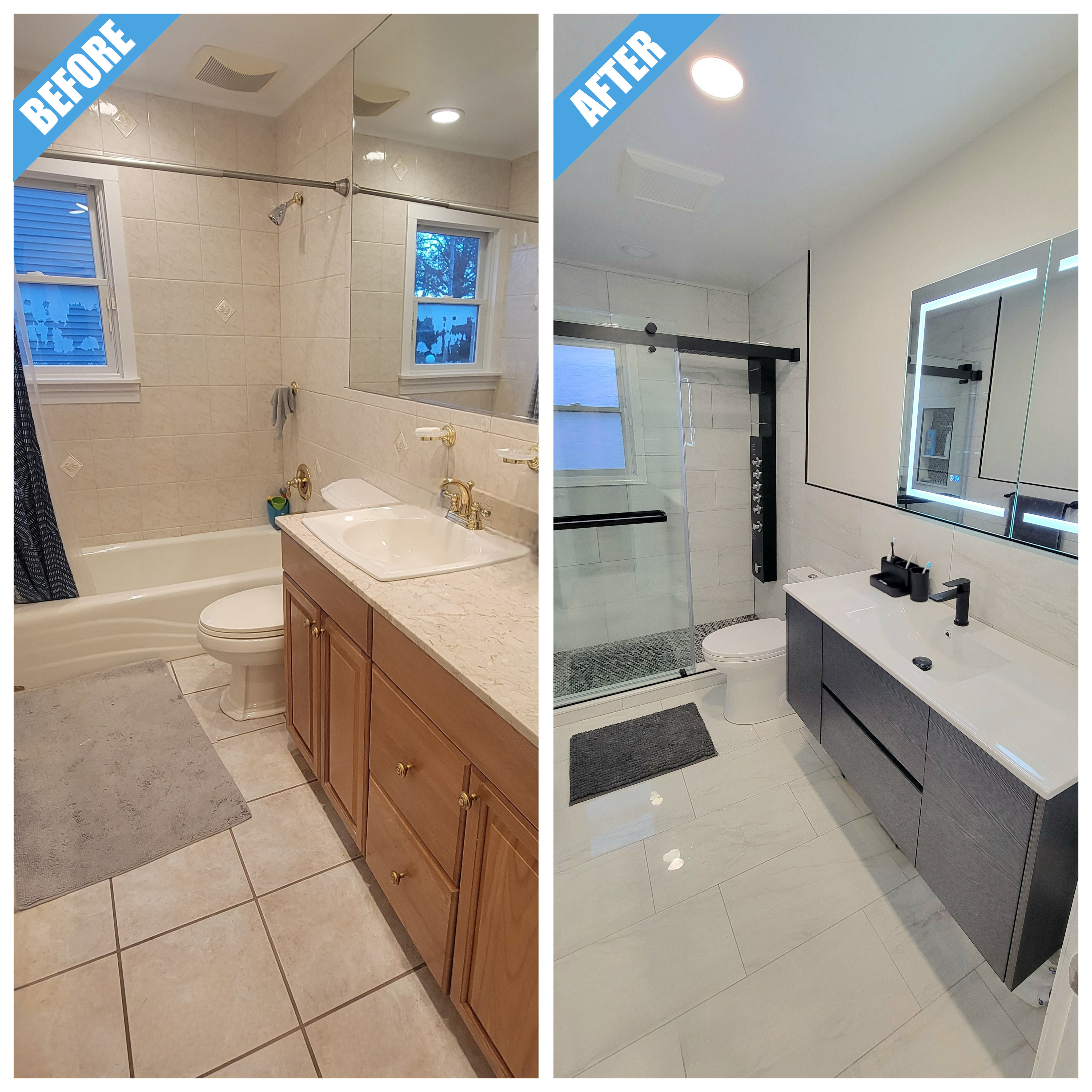 Before and after of a bathroom remodel in East Meadow, NY: tub and beige tile replaced by a glass shower, dark floating vanity and lit mirror