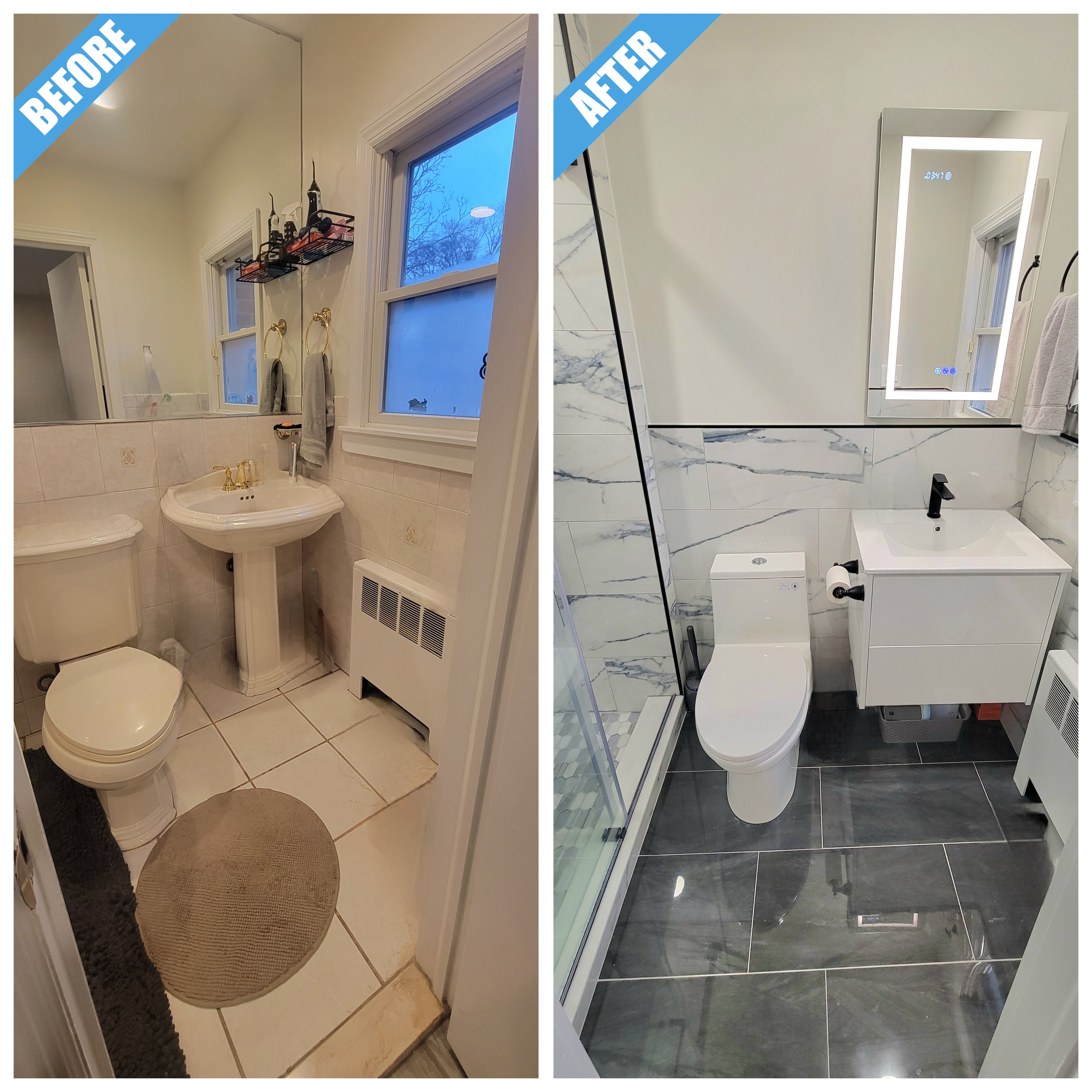 Before and after of a bathroom remodel in East Meadow, NY: pedestal sink replaced by a white wall-hung vanity and marble-look tile