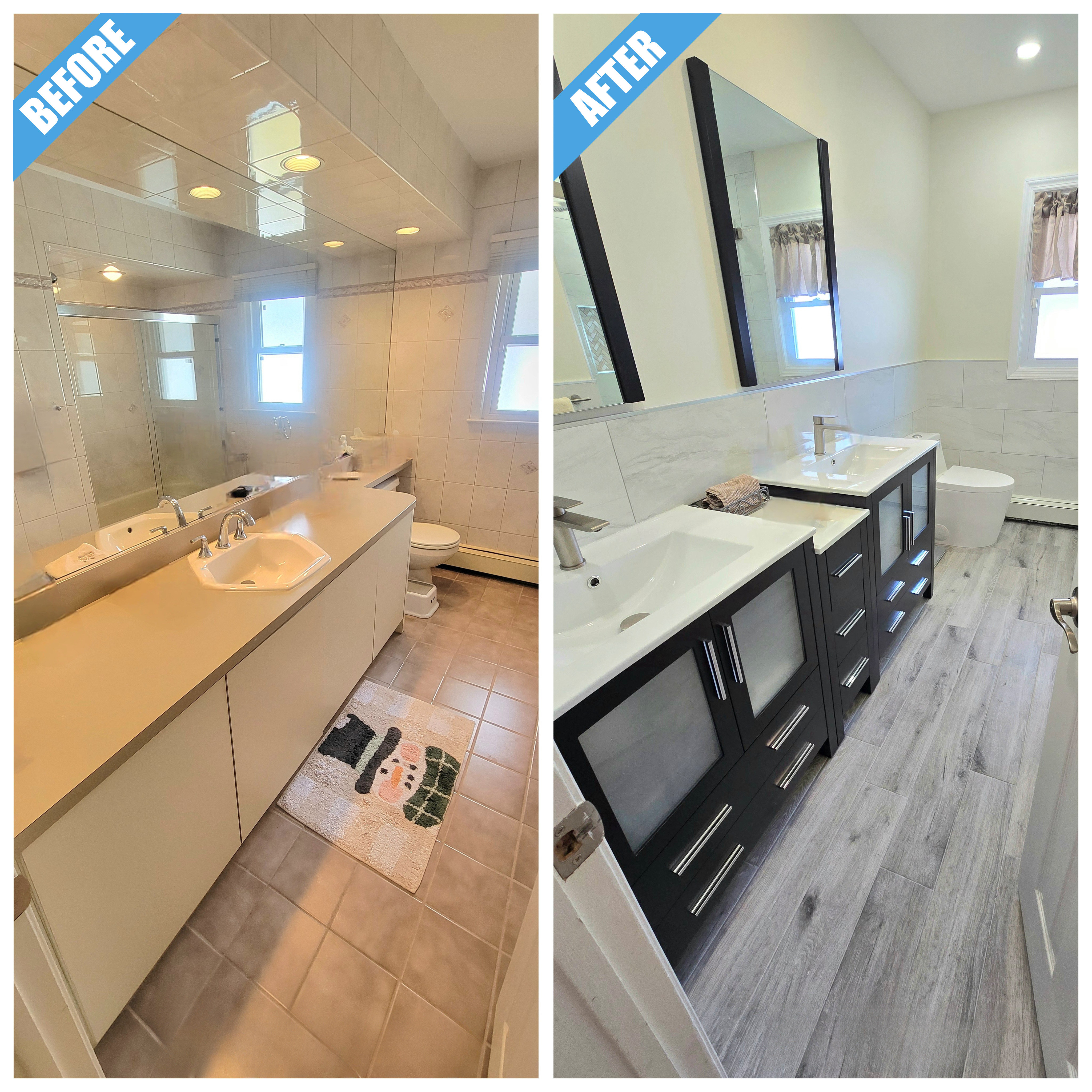 Before and after of a bathroom remodel in Wantagh, NY: long built-in vanity replaced by an espresso double vanity and gray plank-look floor