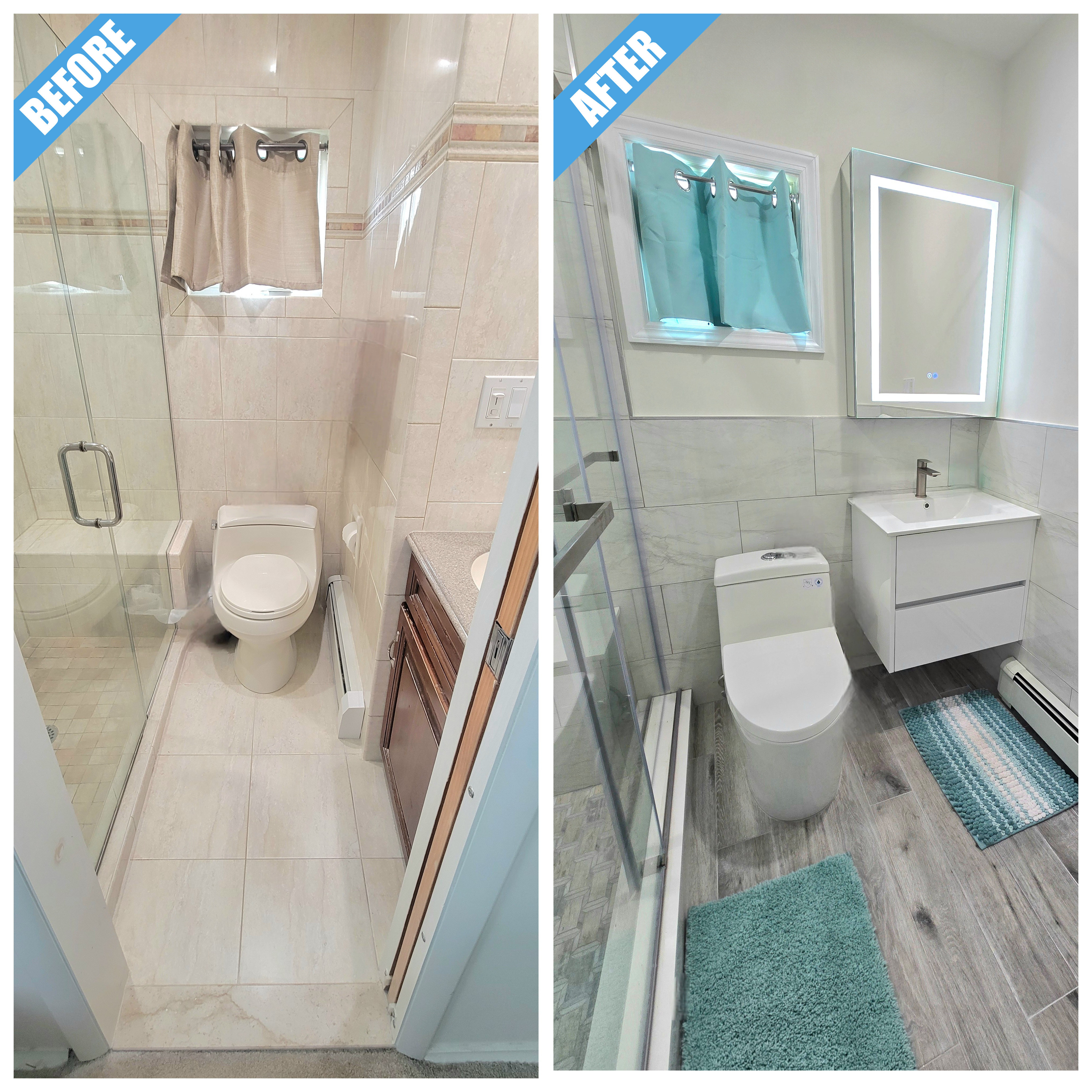 Before and after of a bathroom remodel in Wantagh, NY: beige tile replaced by a white floating vanity, lit mirror and gray plank-look floor