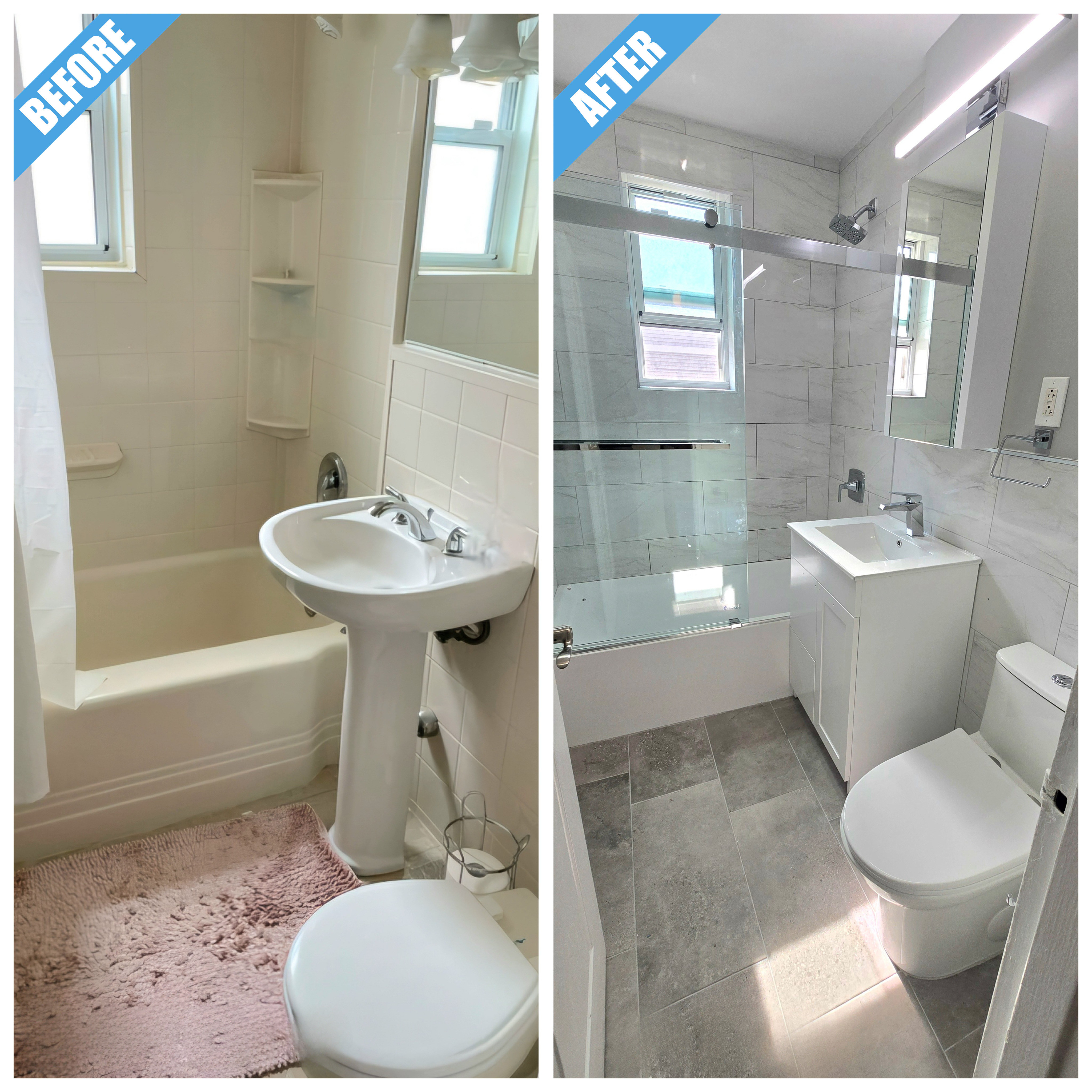 Before and after of a bathroom remodel in Freeport, NY: pedestal sink replaced by a white vanity, with gray tile and a glass tub door