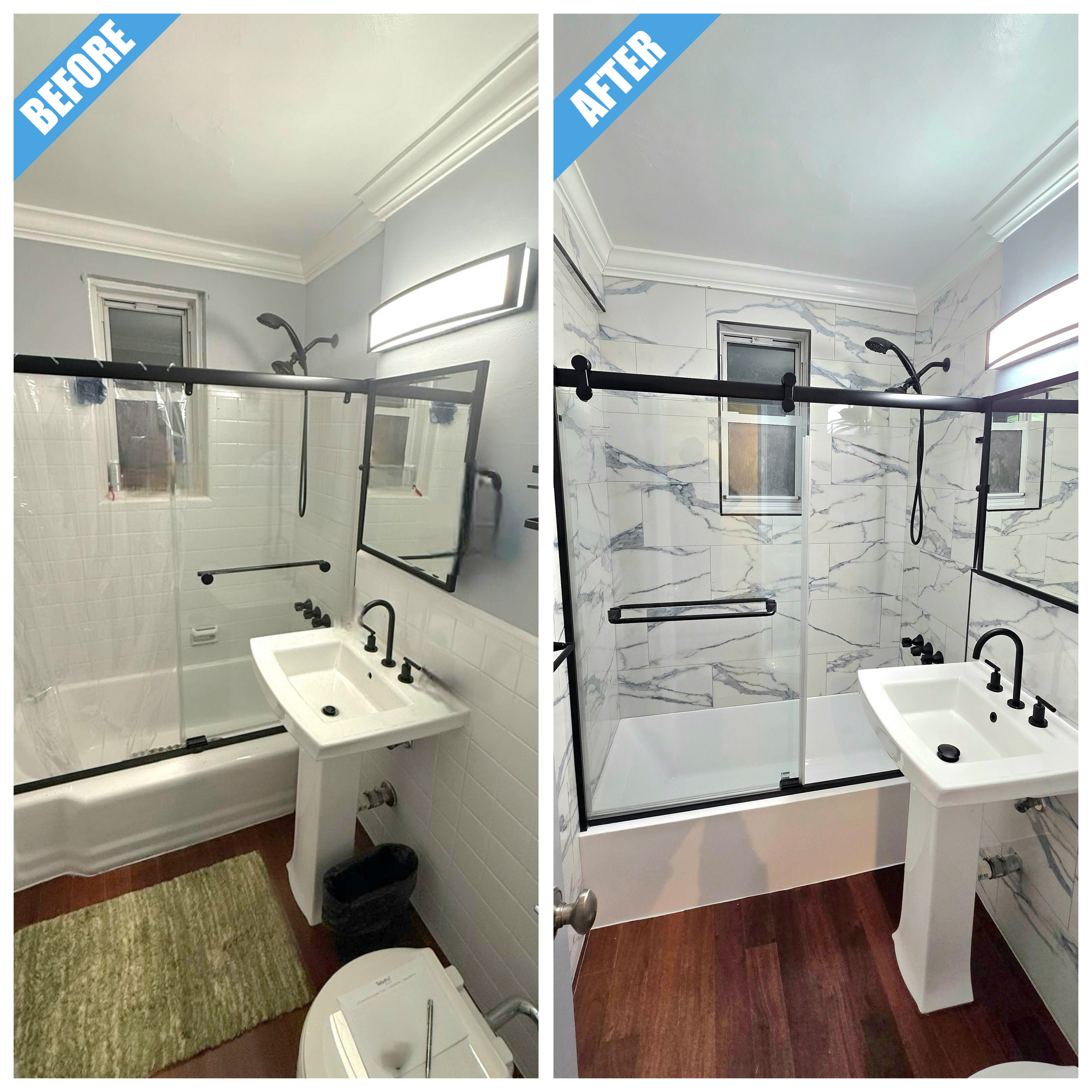 Before and after of a bathroom remodel in Freeport, NY: white tile replaced by marble-look tile around the tub, with a black-framed door