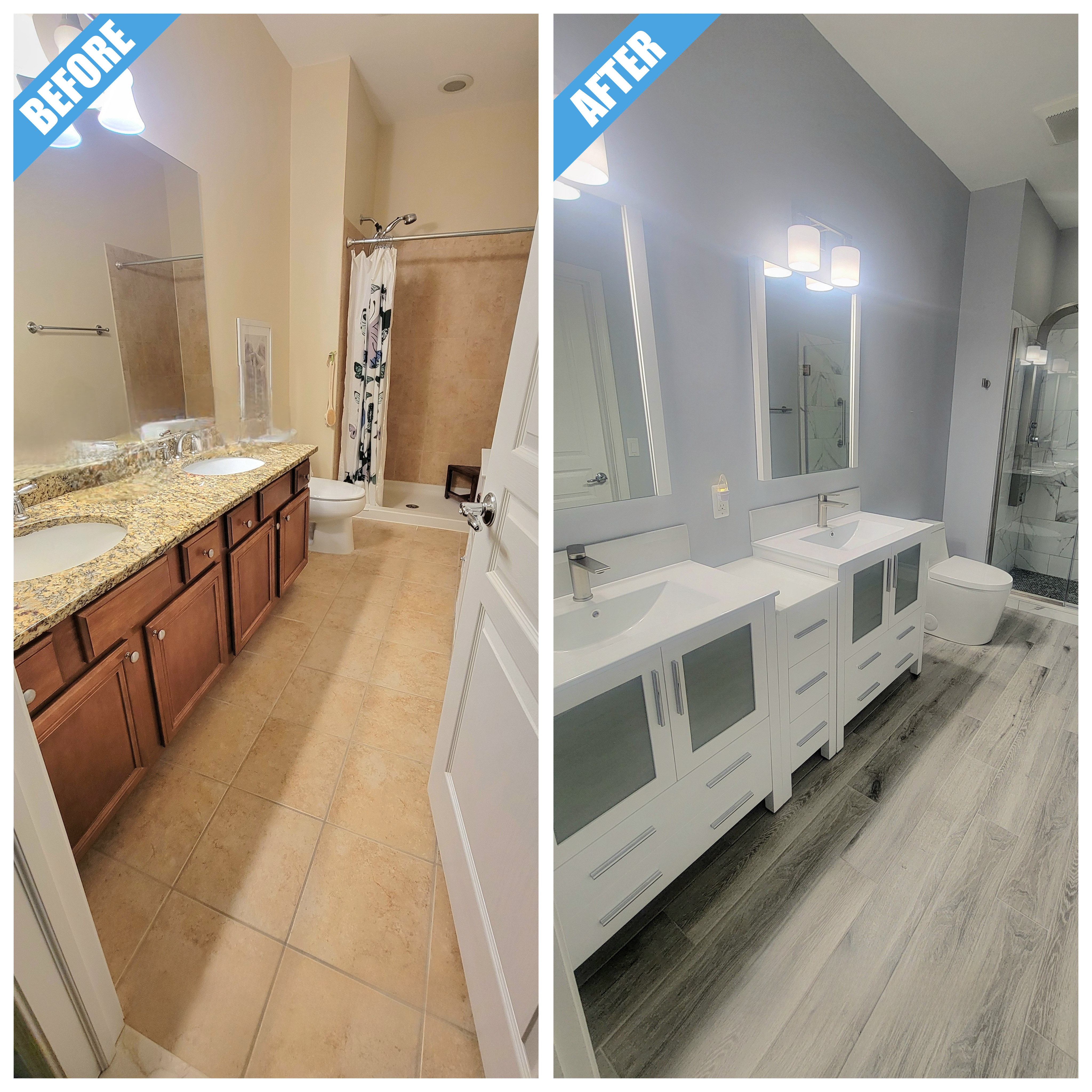 Before and after of a bathroom remodel in Farmingdale, NY: wood double vanity replaced by a long white double vanity and gray plank-look floor