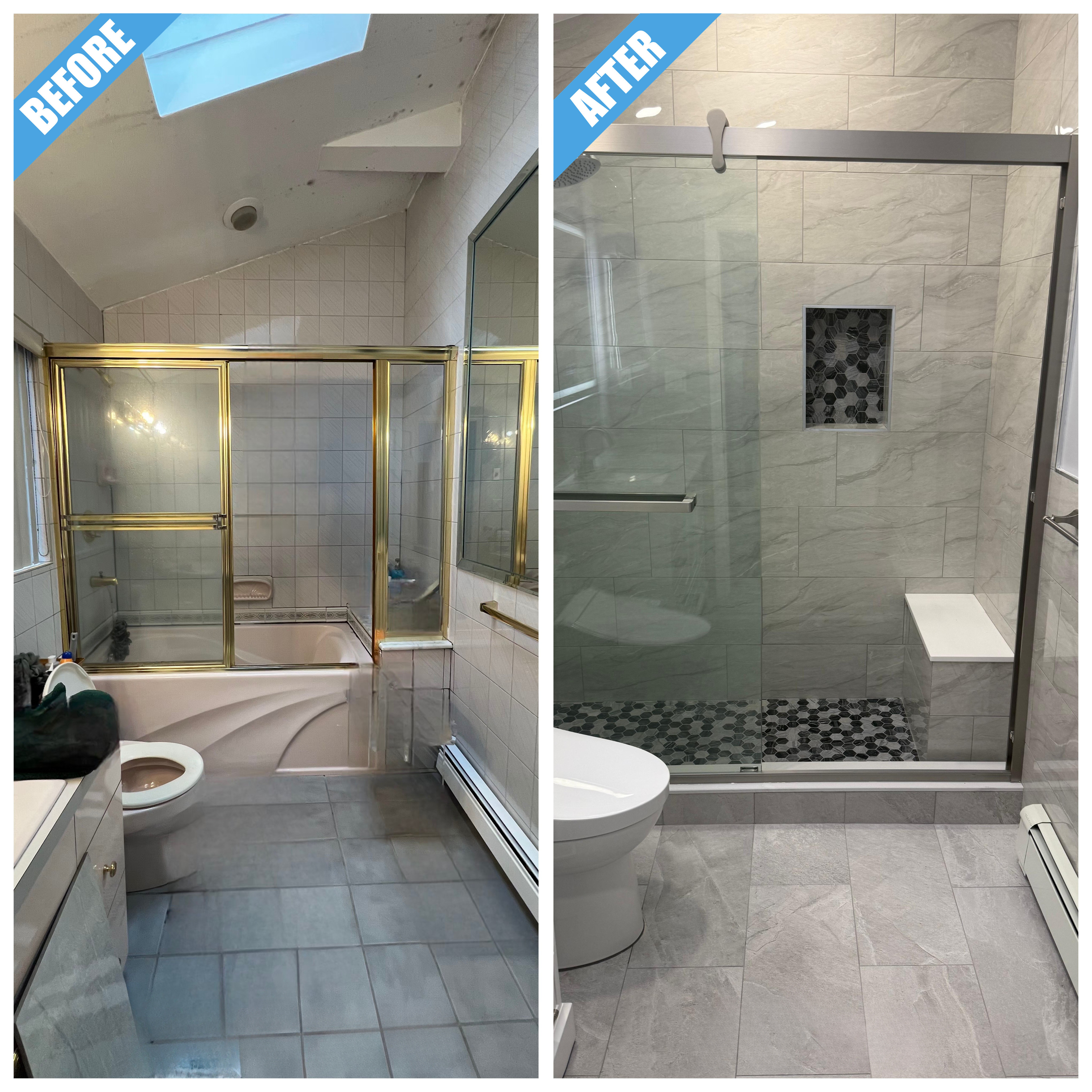 Bathroom remodel in Old Brookville, NY: a framed glass shower with a hex tile niche