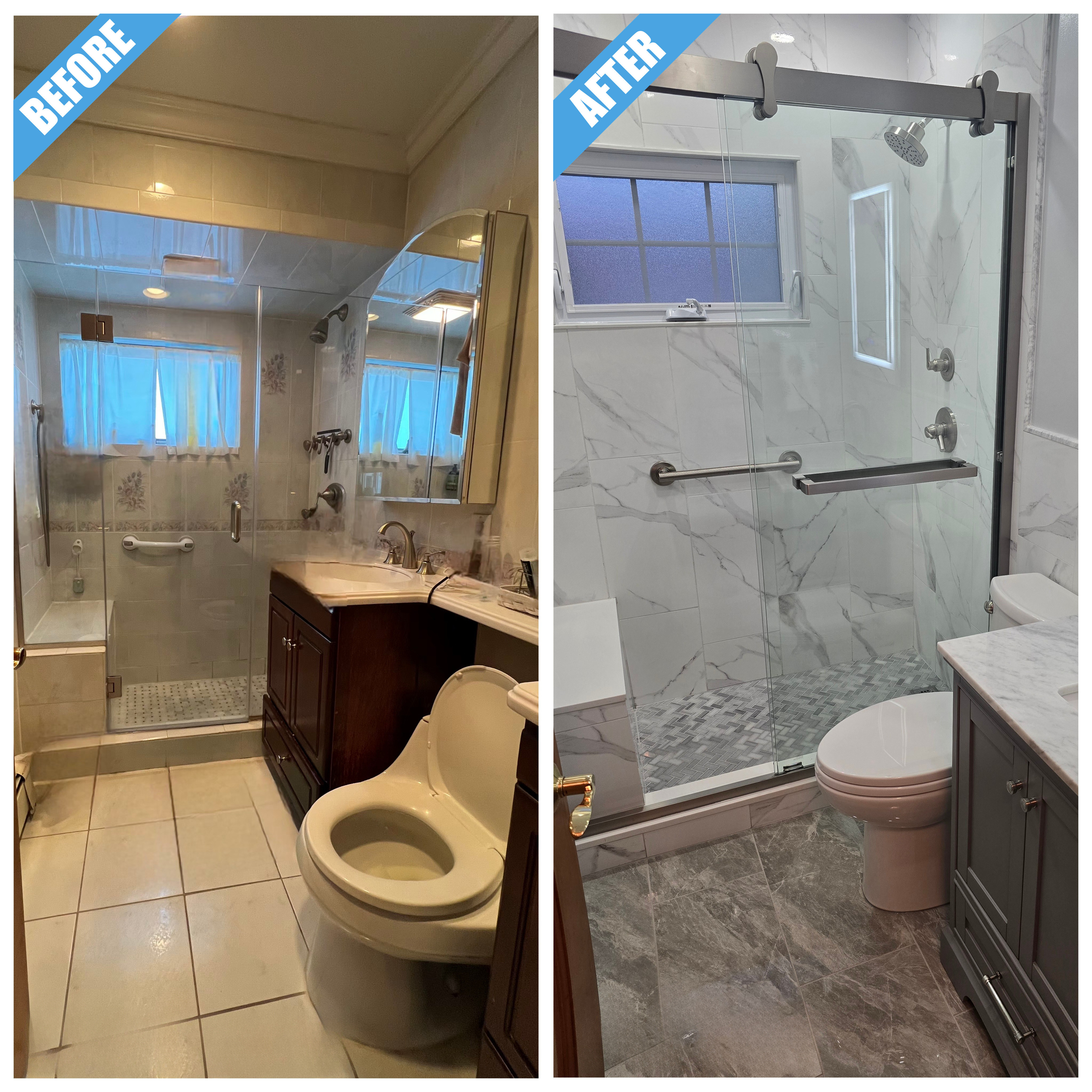 Before and after of a bathroom remodel in Levittown, NY: old glass shower replaced by a sliding glass shower, marble-look tile and gray vanity