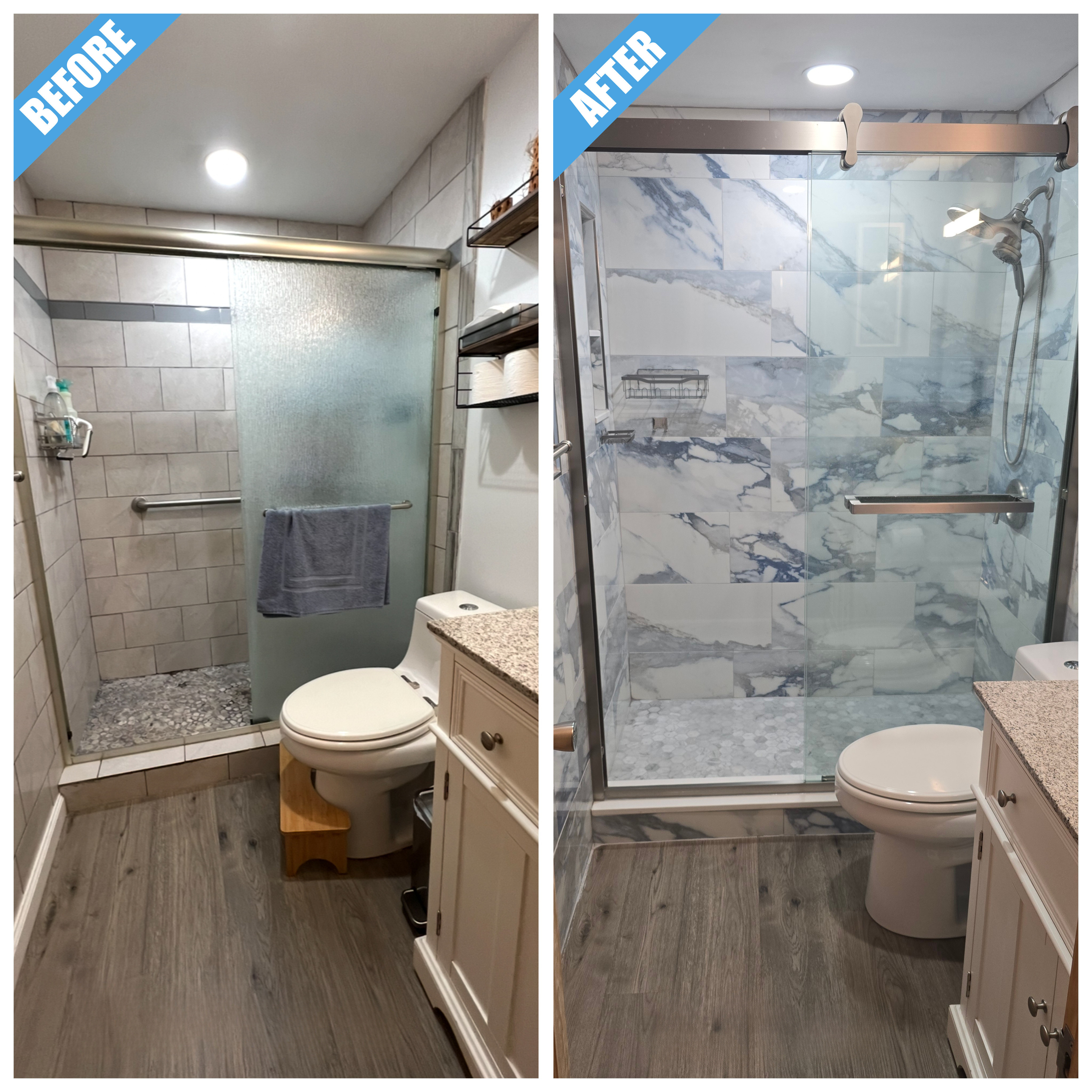 Before and after of a bathroom remodel in Medford, NY: frosted shower replaced by a glass shower with blue-gray marble-look tile