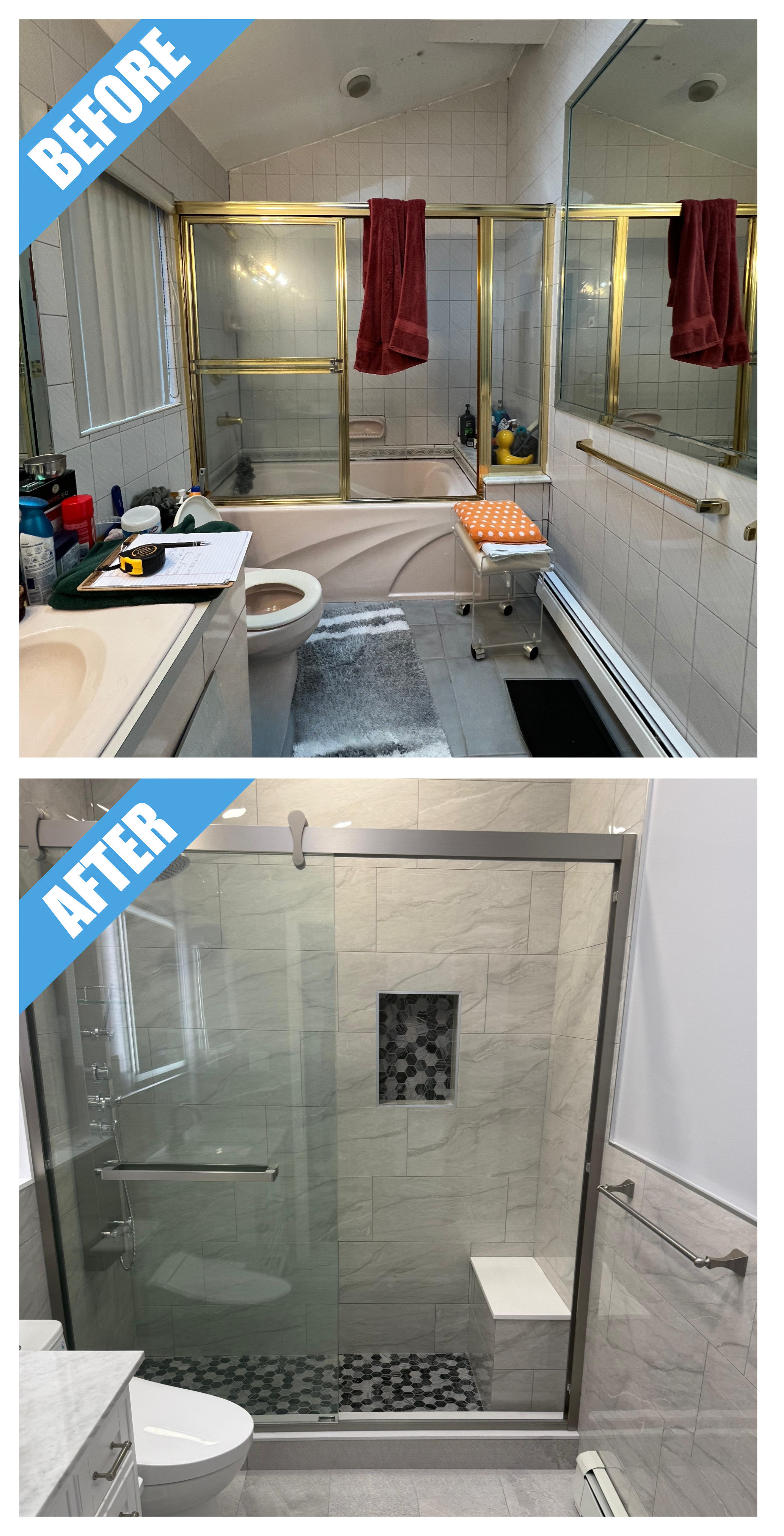 Before and after of a bathroom remodel in Old Brookville, NY: gold-framed tub enclosure replaced by a glass shower with a niche and bench