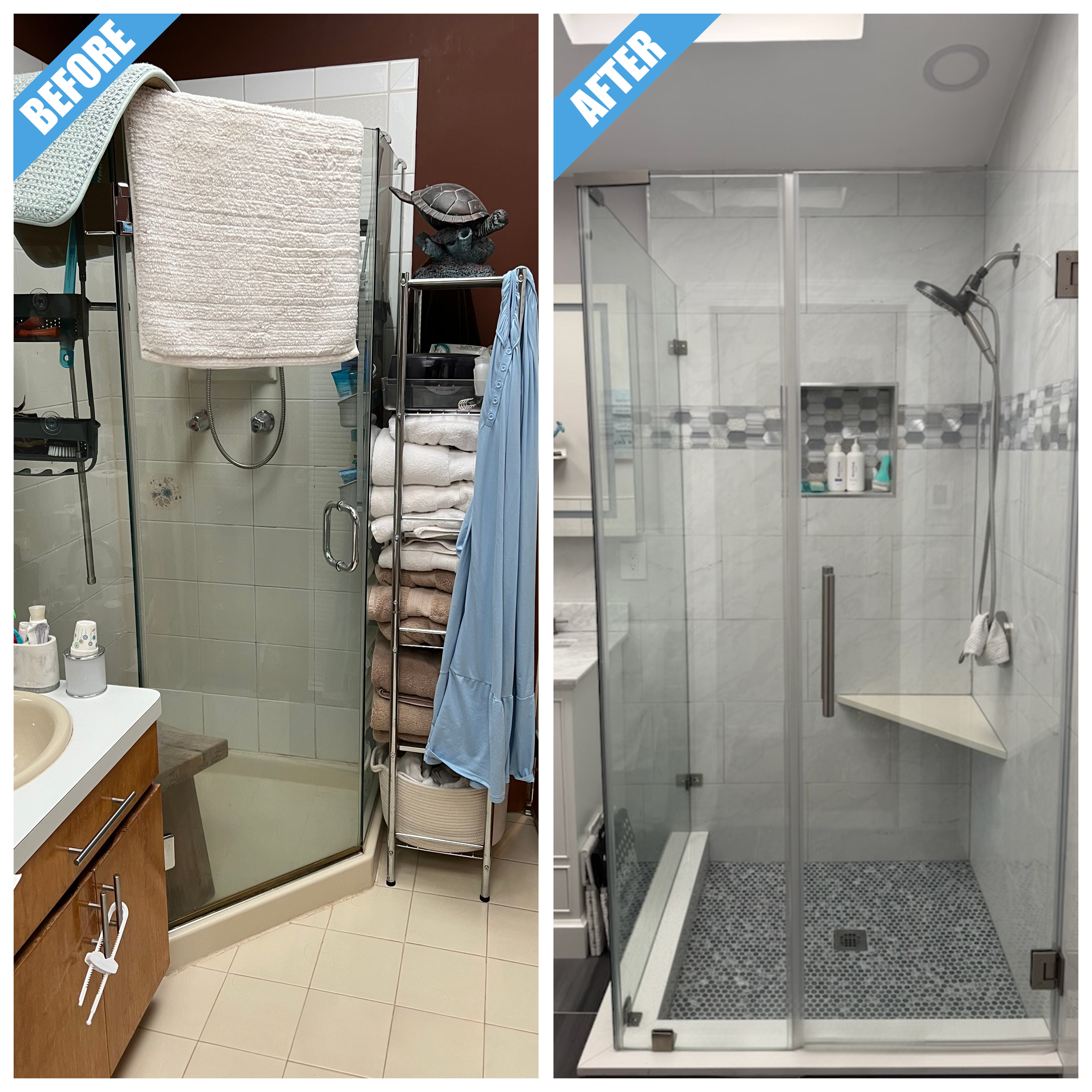 Bathroom remodel in Hicksville, NY: a frameless glass shower with a corner seat and a mosaic floor