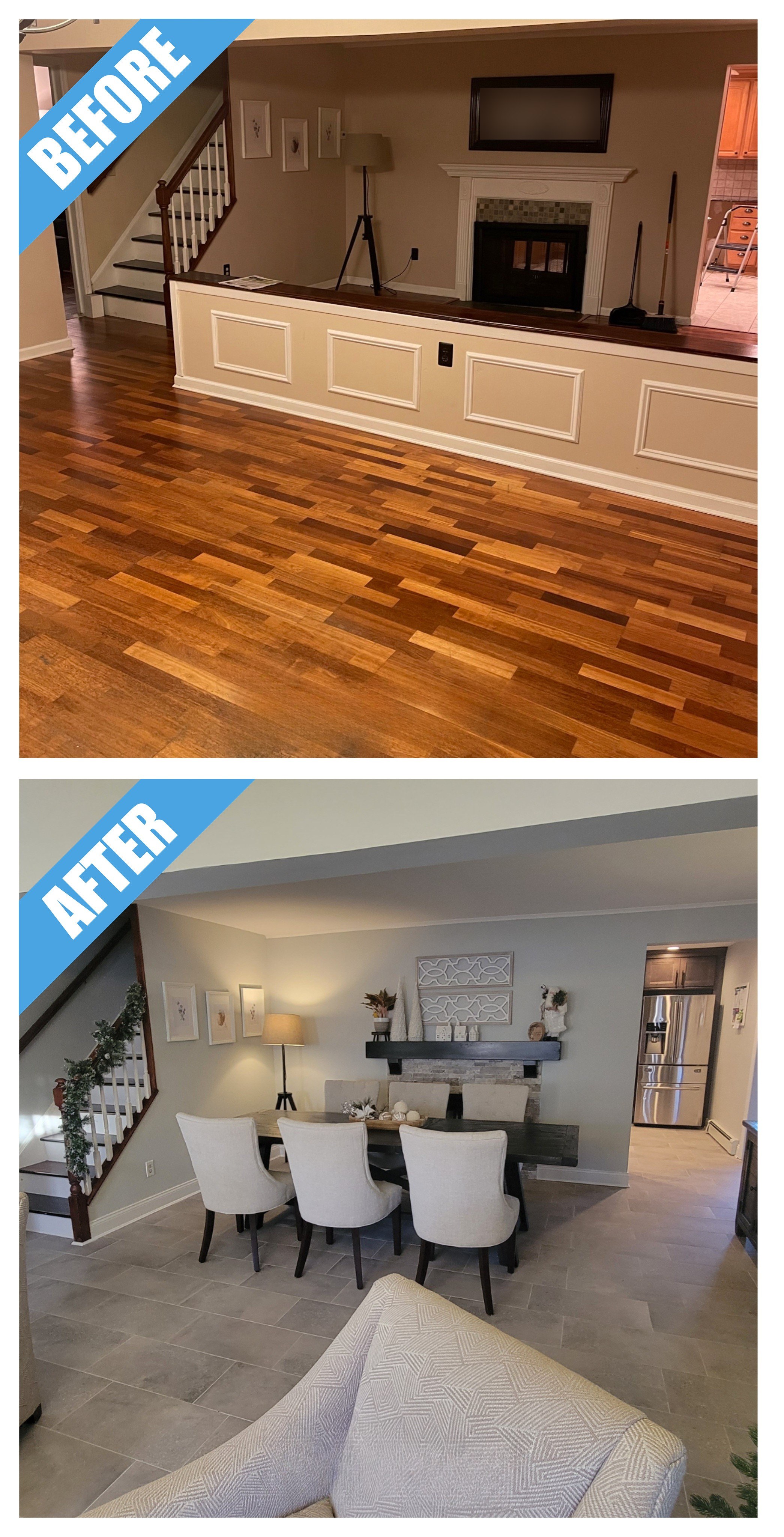 Before and after of a family room remodel in Levittown, NY: half wall removed to open the room to the dining area, with a gray tile floor