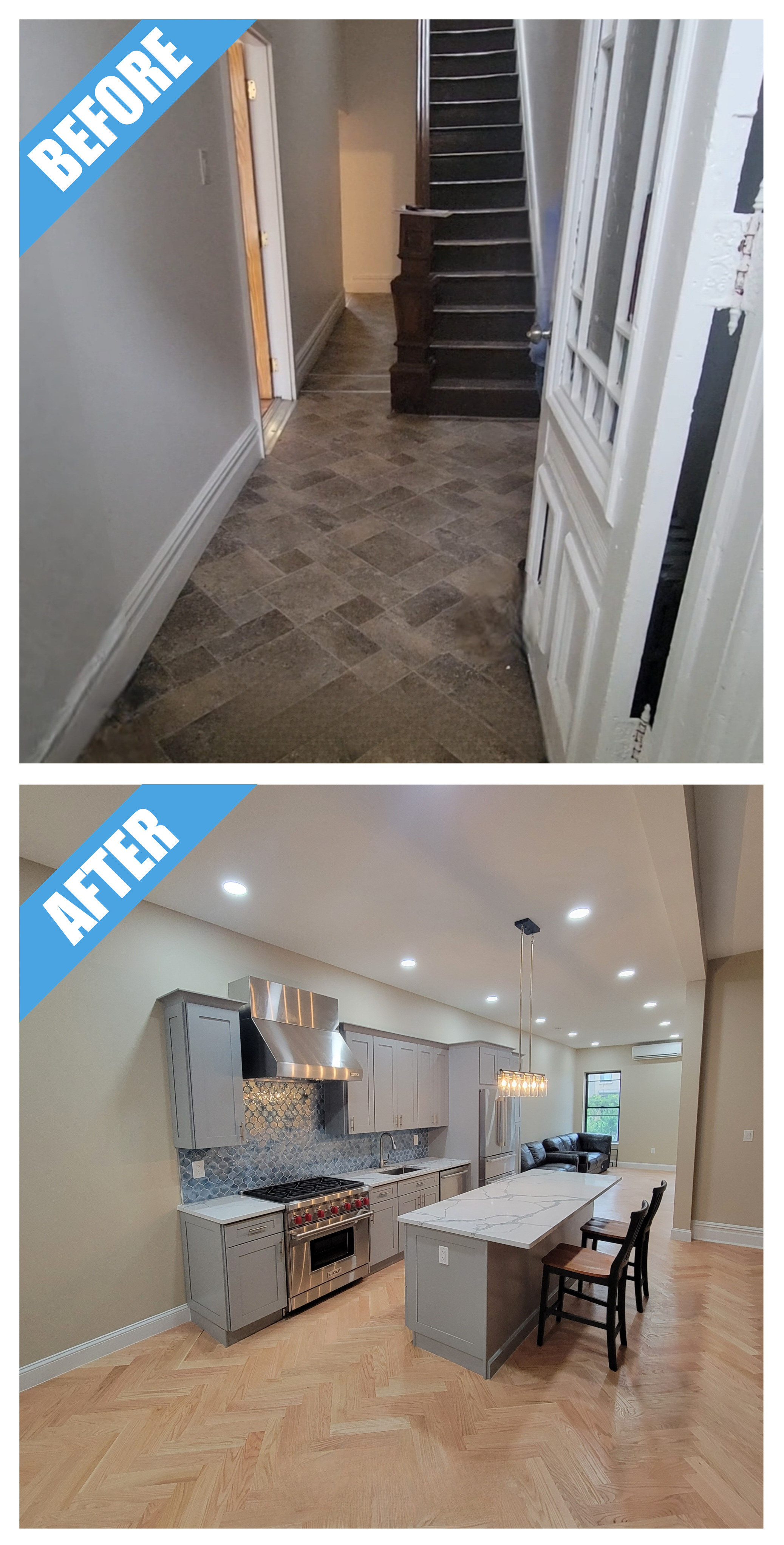 Before and after of a kitchen remodel in the Bronx, NY: long kitchen with gray cabinets, a marble-look island and herringbone wood floor