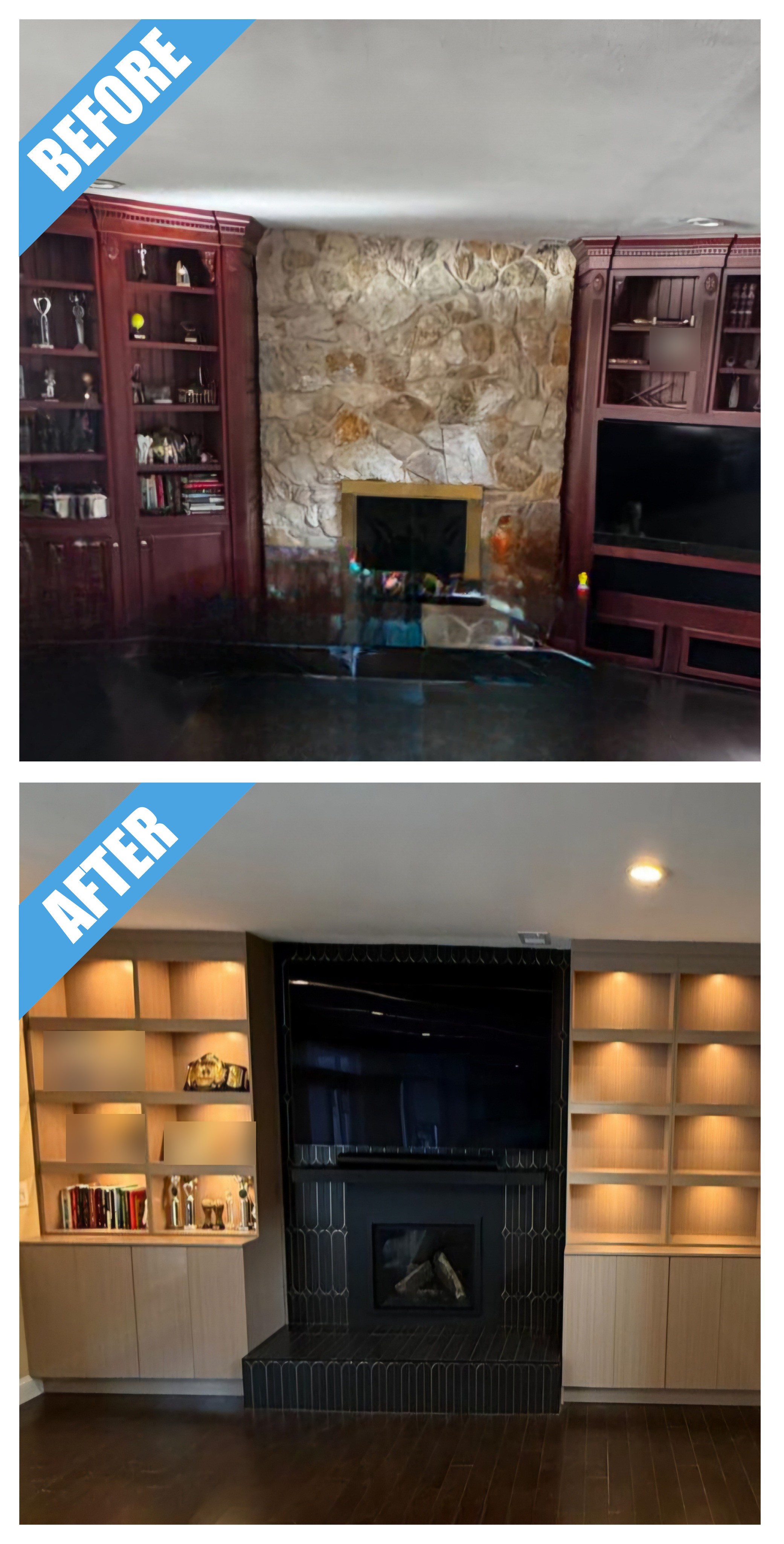 Before and after of a fireplace wall remodel in Syosset, NY: stone fireplace replaced by black tile, with lit light-wood shelving