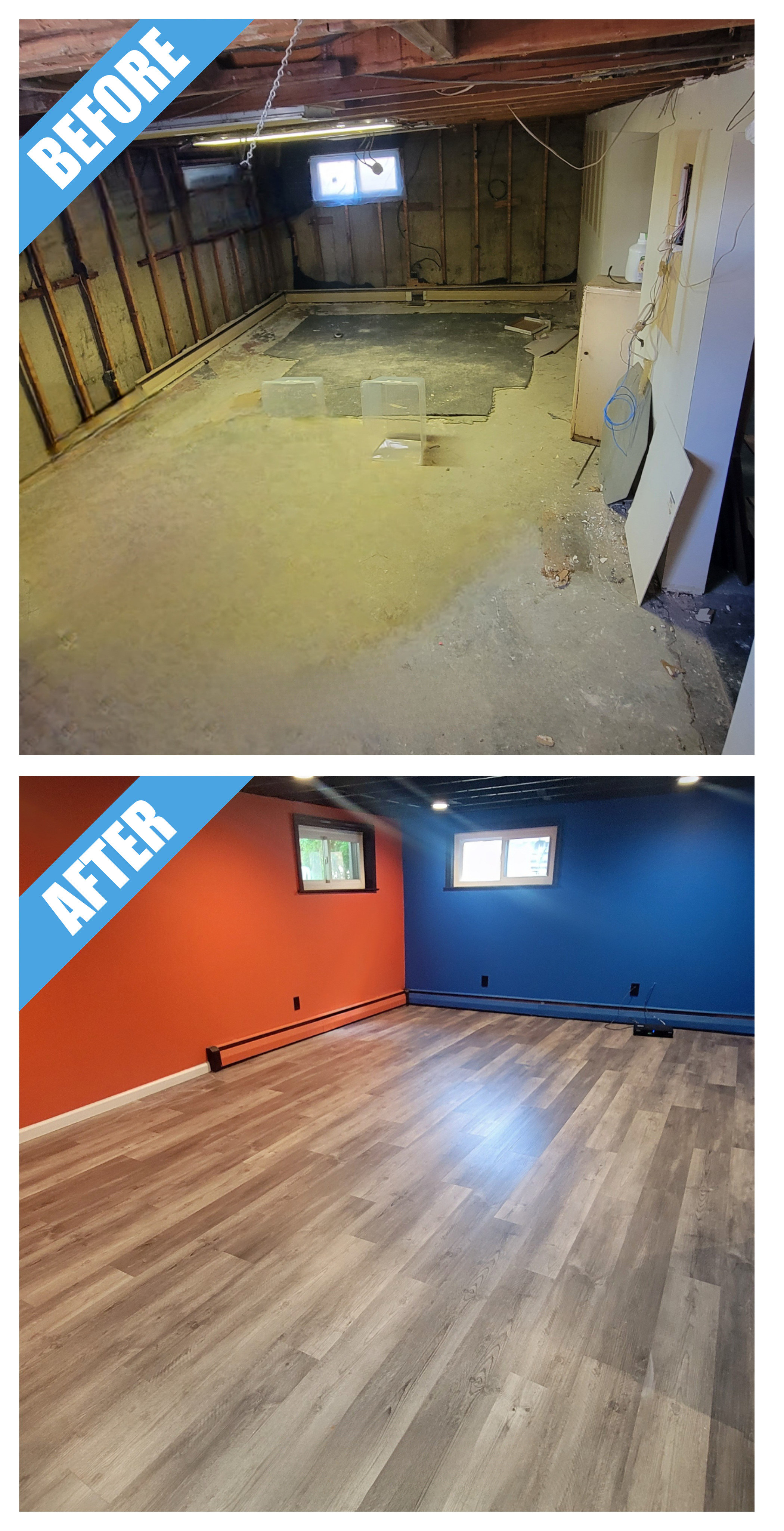 Before and after of a basement remodel in Port Washington, NY: bare concrete and open studs finished with vinyl plank and orange and blue walls