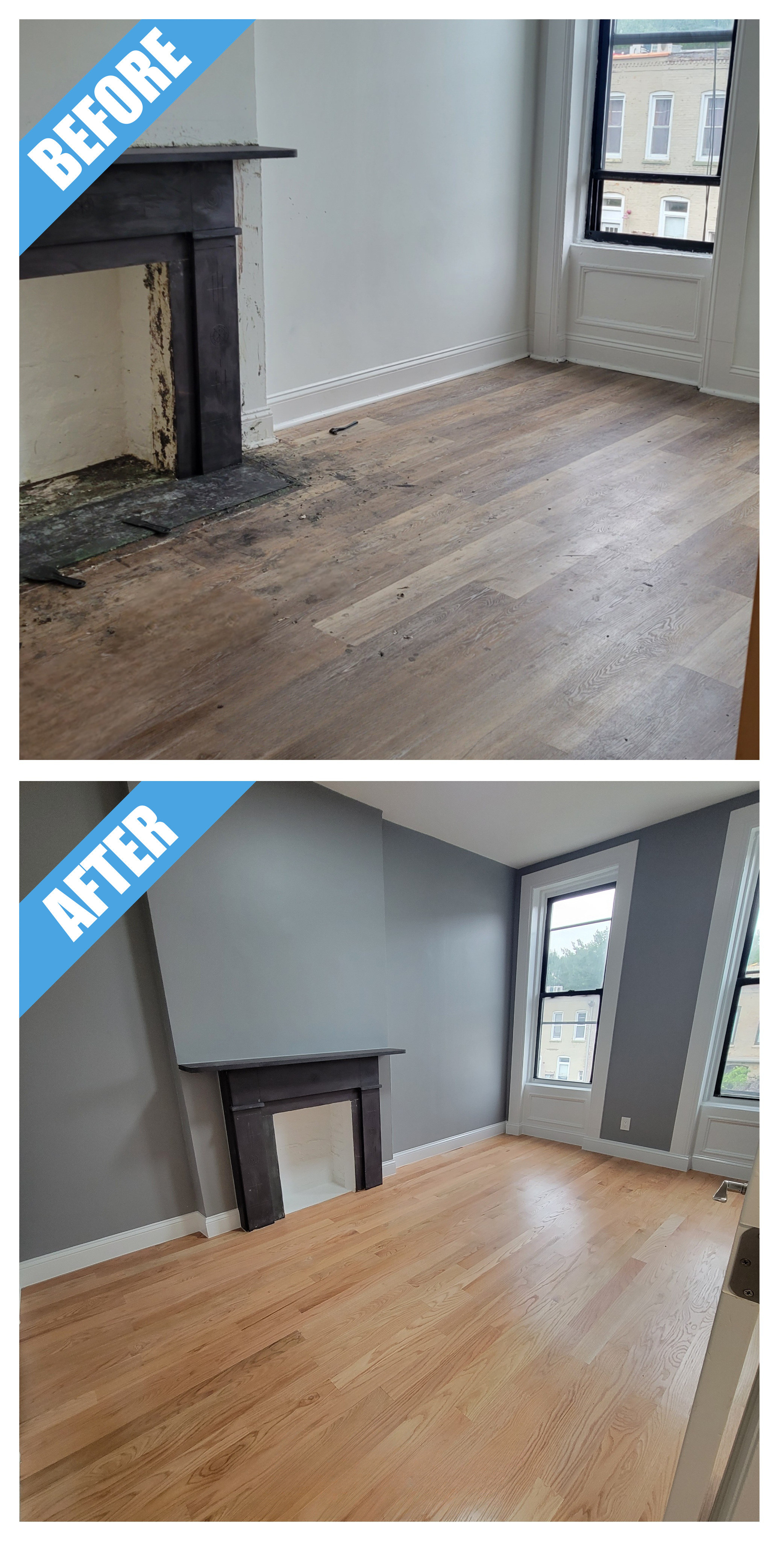 Before and after of a living room remodel in the Bronx, NY: new light wood floor, gray walls and a dark fireplace mantel