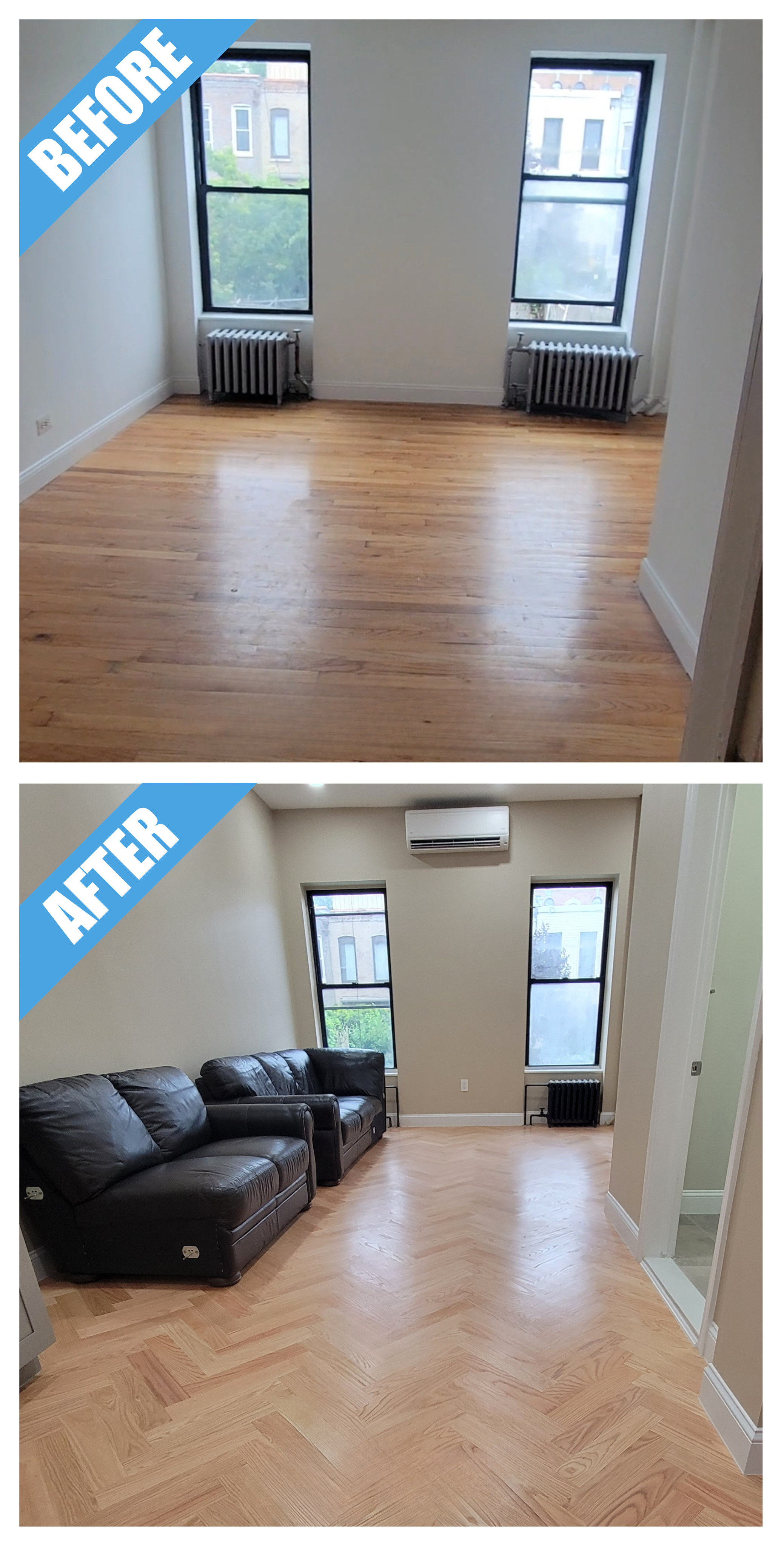 Before and after of a den remodel in the Bronx, NY: plank floor replaced by a herringbone wood floor
