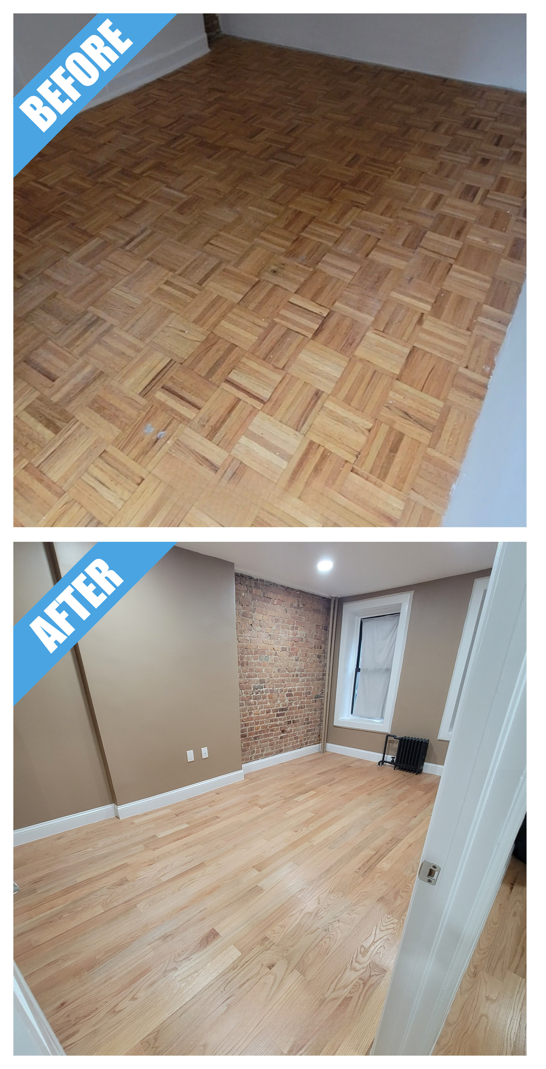 Before and after of a bedroom remodel in the Bronx, NY: parquet replaced by oak plank flooring, with a brick accent wall