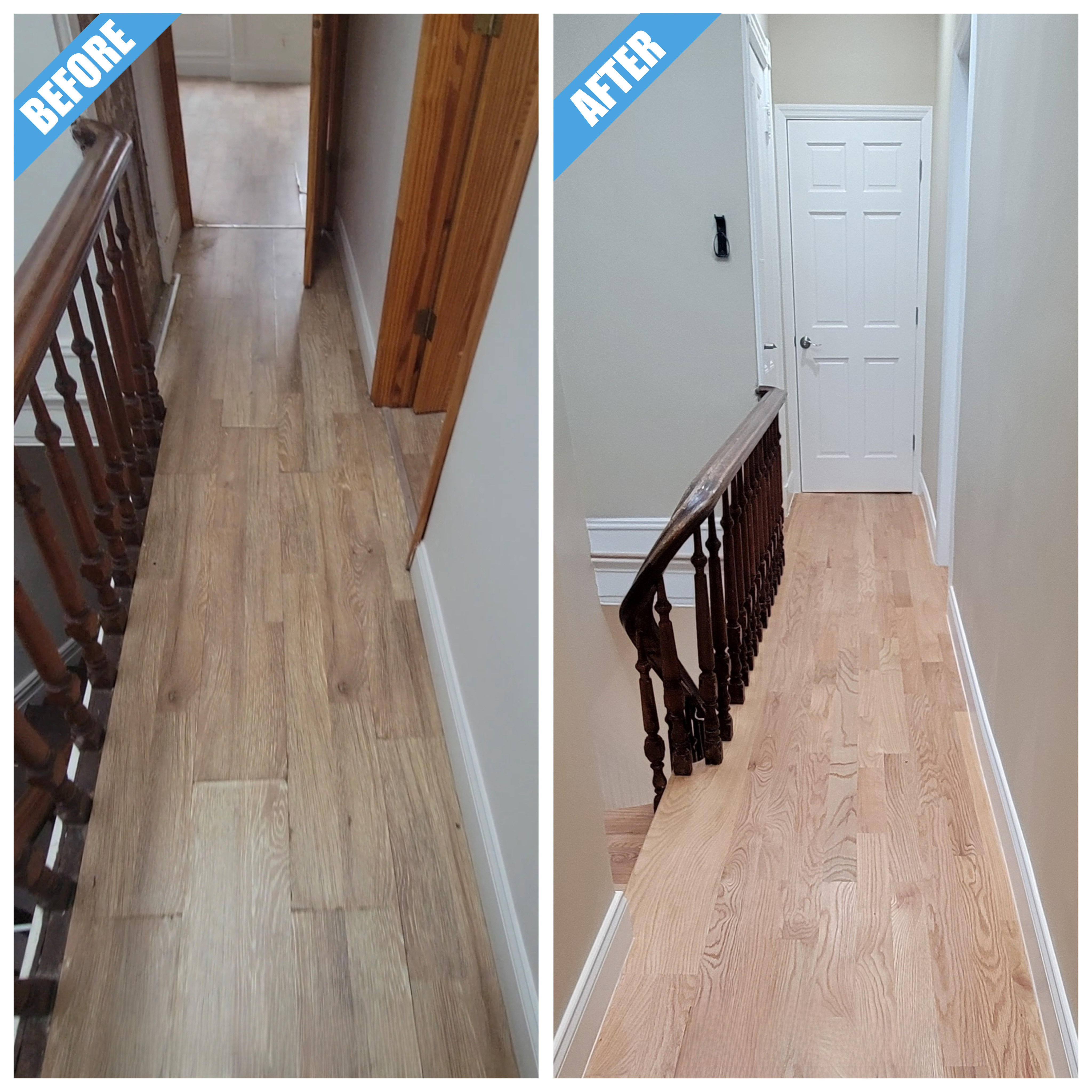 Before and after of a hallway remodel in the Bronx, NY: new red oak floor along the stair railing