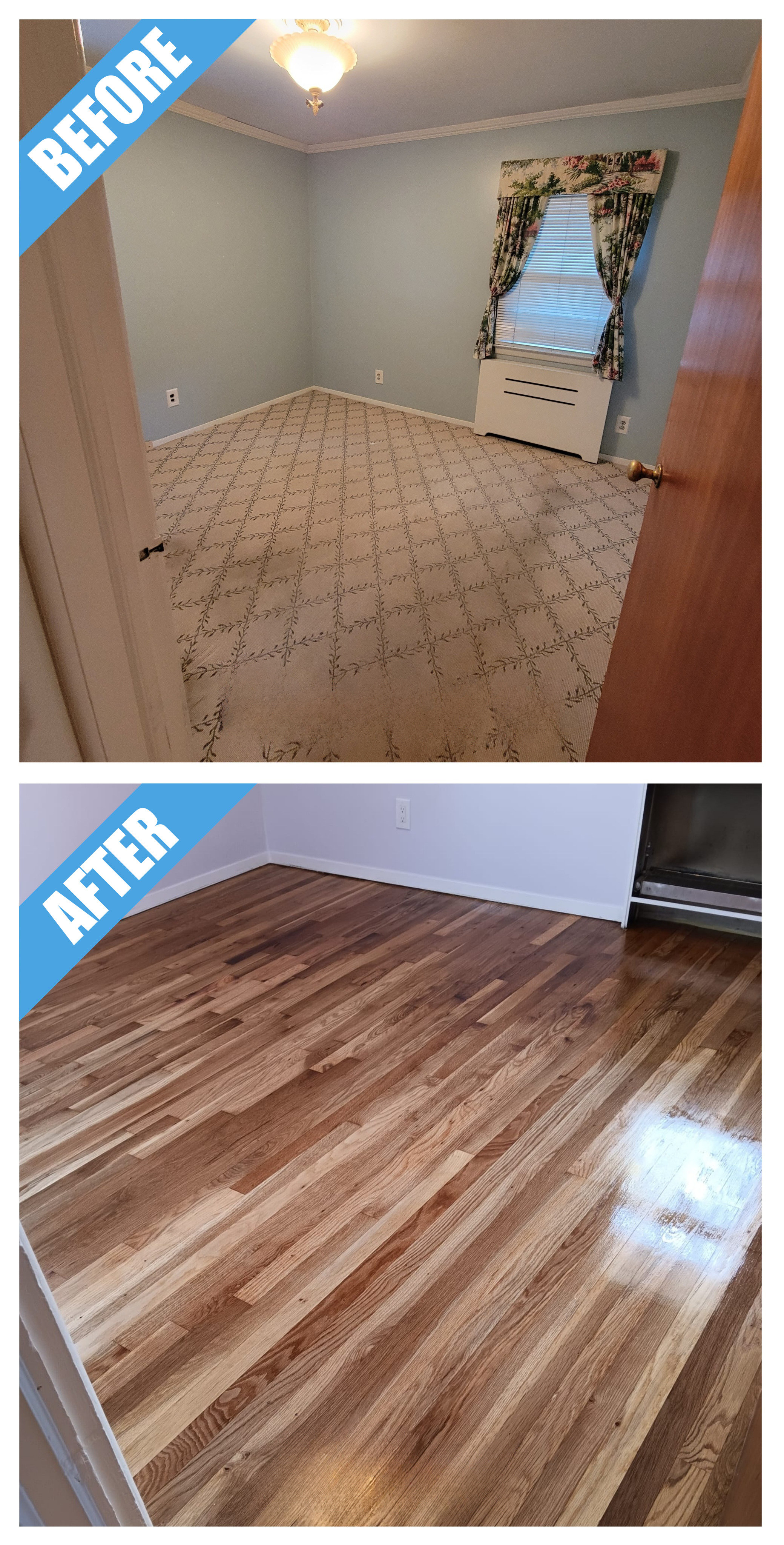 Before and after of a bedroom remodel in Wantagh, NY: patterned floor covering replaced by a natural wood floor