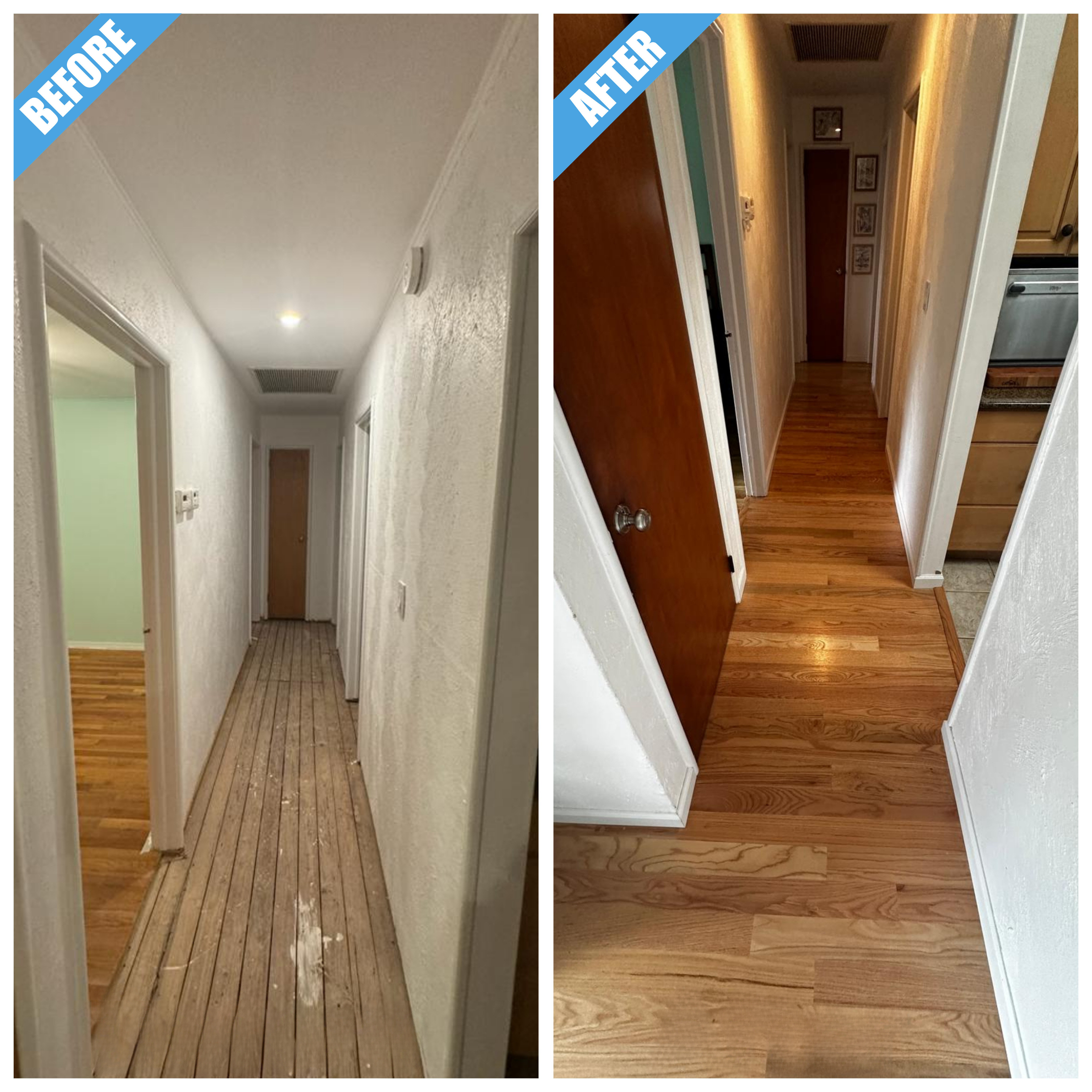 Before and after of a hallway remodel in Wantagh, NY: worn floorboards sanded and refinished