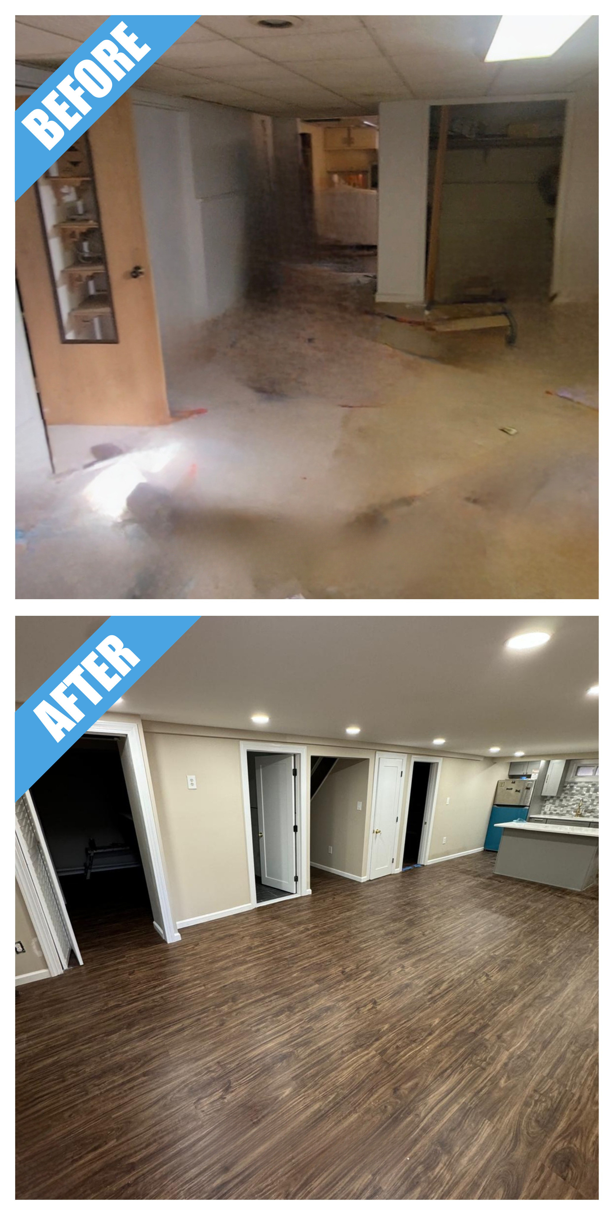 Before and after of a basement remodel in New Hyde Park, NY: unfinished basement finished with a dark walnut-look floor and new doors