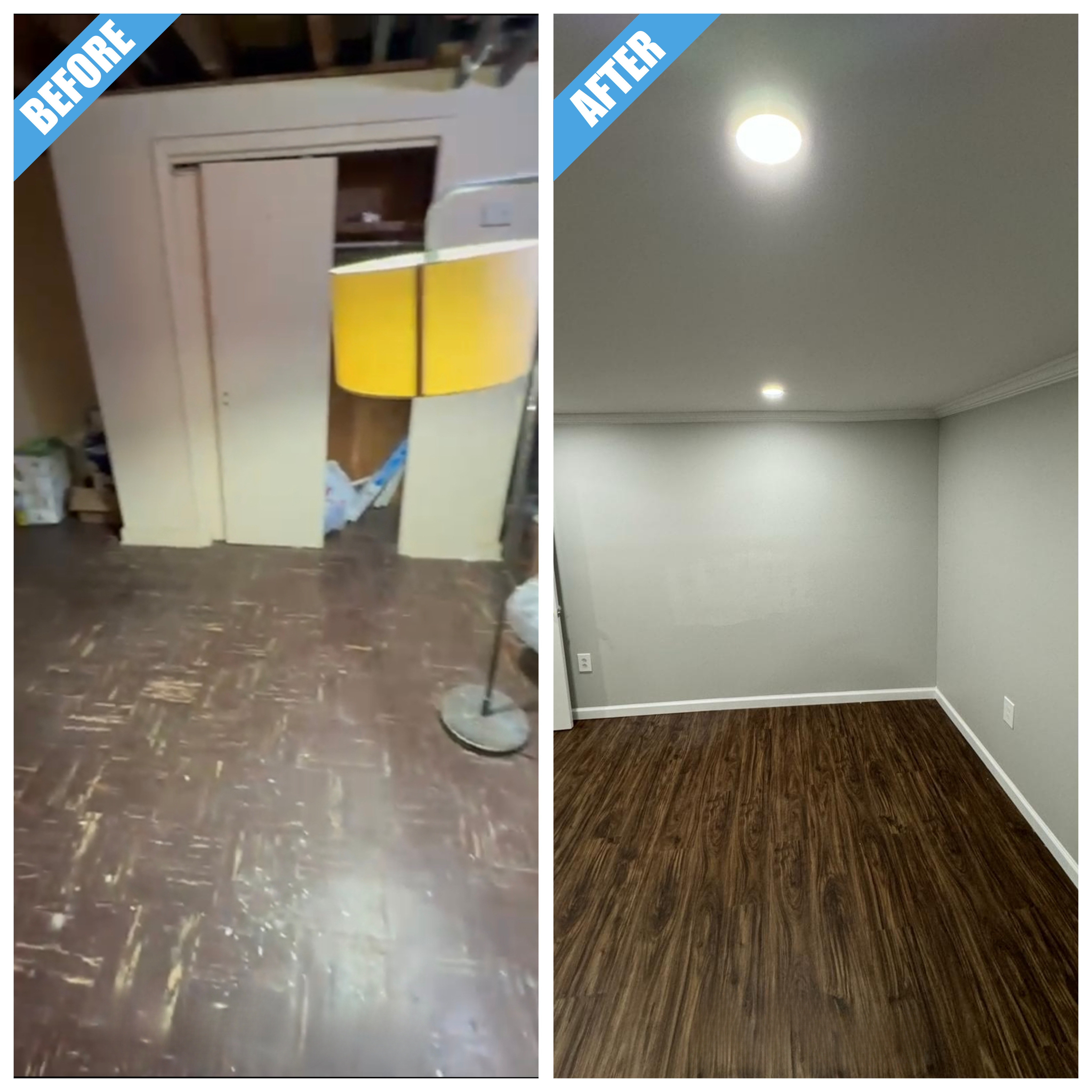 Before and after of a bedroom remodel in New Hyde Park, NY: worn floor replaced by walnut-look plank, gray walls and recessed lights
