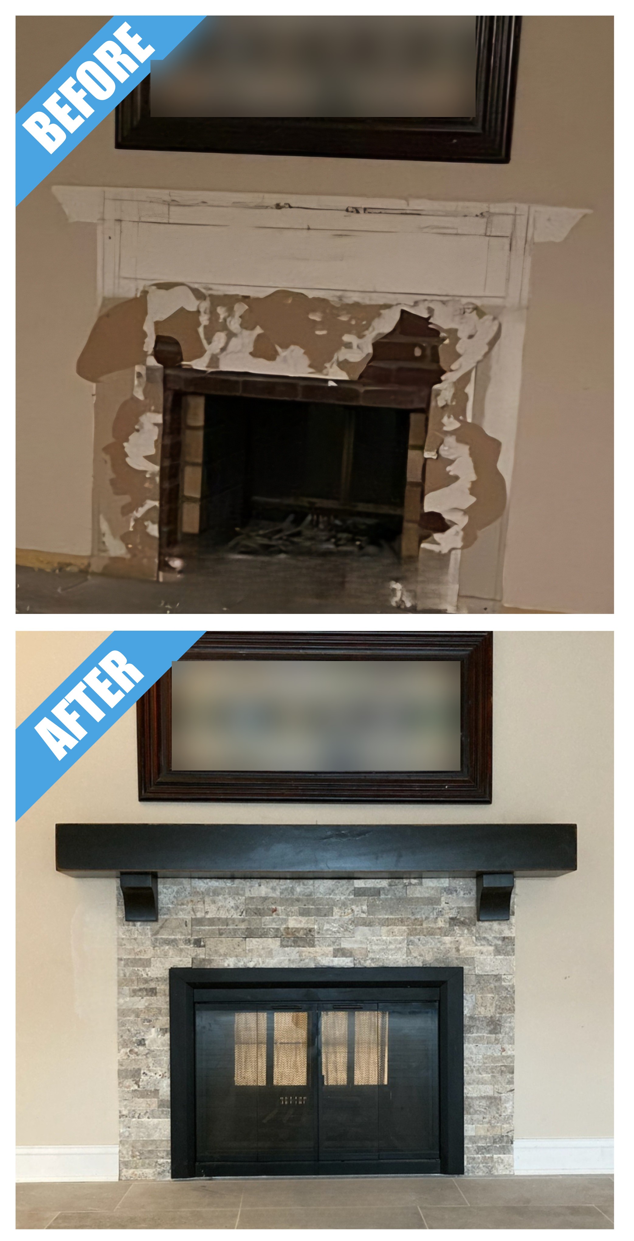 Before and after of a fireplace remodel in Levittown, NY: damaged painted mantel replaced by a stacked-stone surround and dark wood mantel
